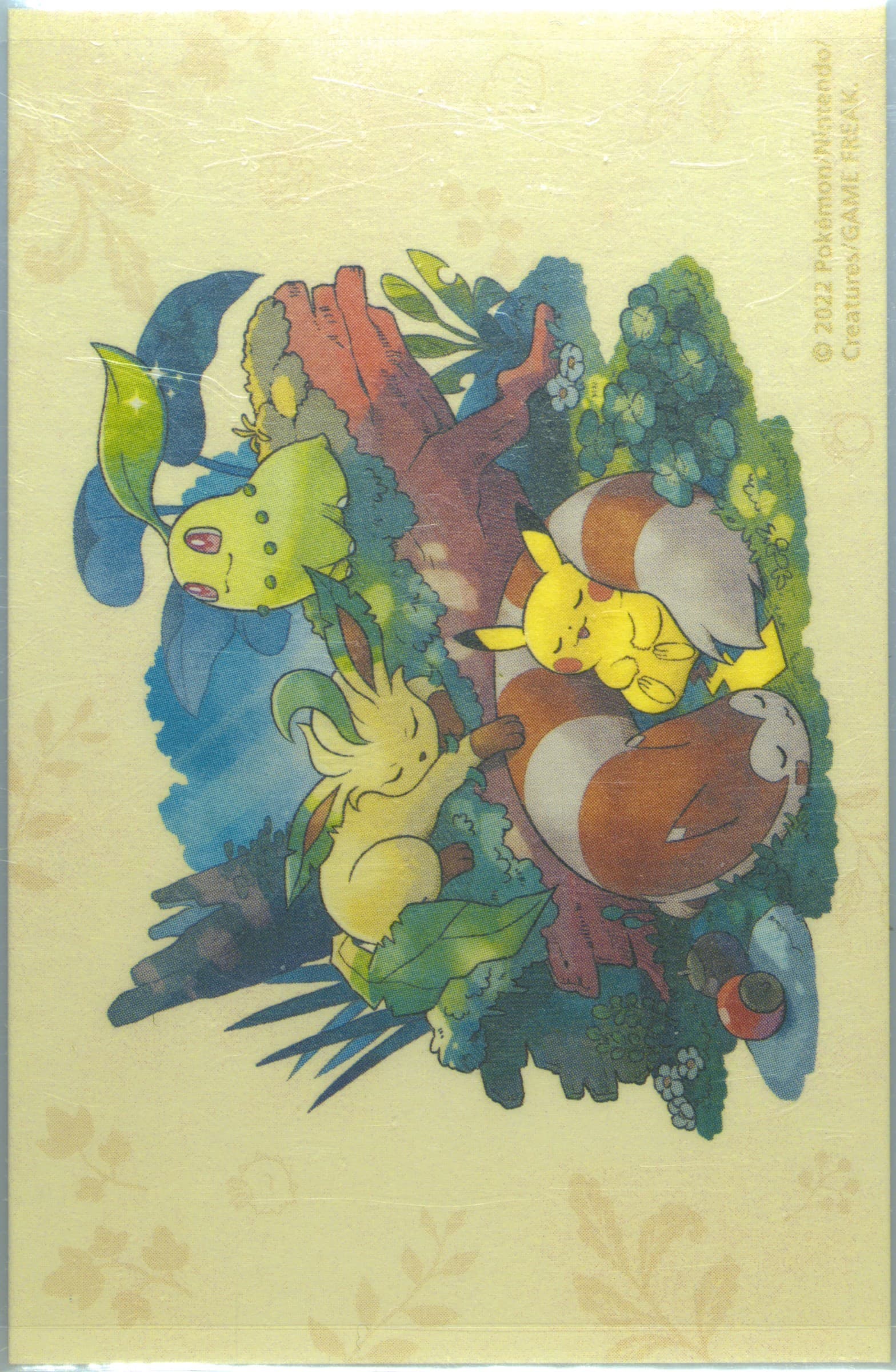 Chikorita/Furret/Leafeon/Pikachu Nap Time 2022 Pokemon Center Online Gifts From the Forest - 5 Mini Card Set