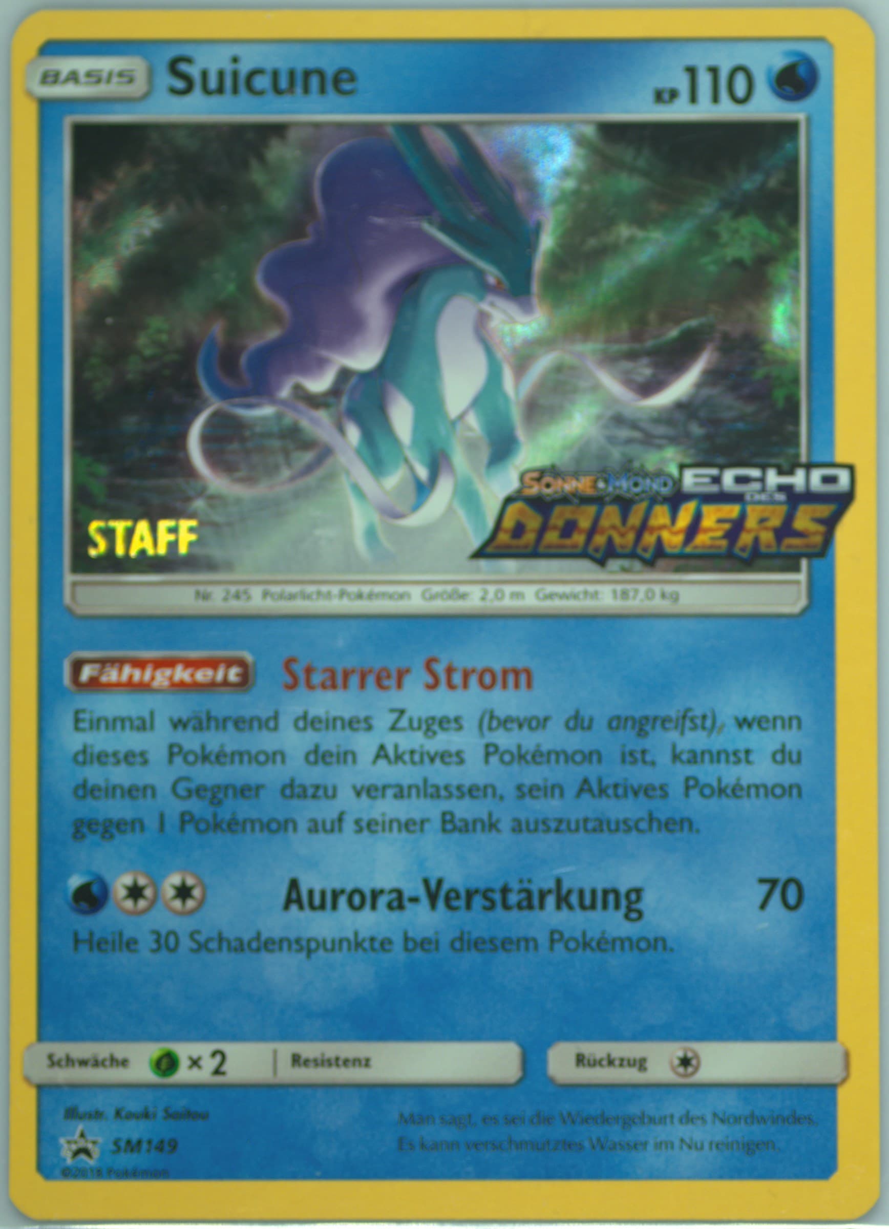 Suicune-Holo Lost Thunder Prerelease-German-Staff (SM149) 2018 Pokemon SM Black Star Promo