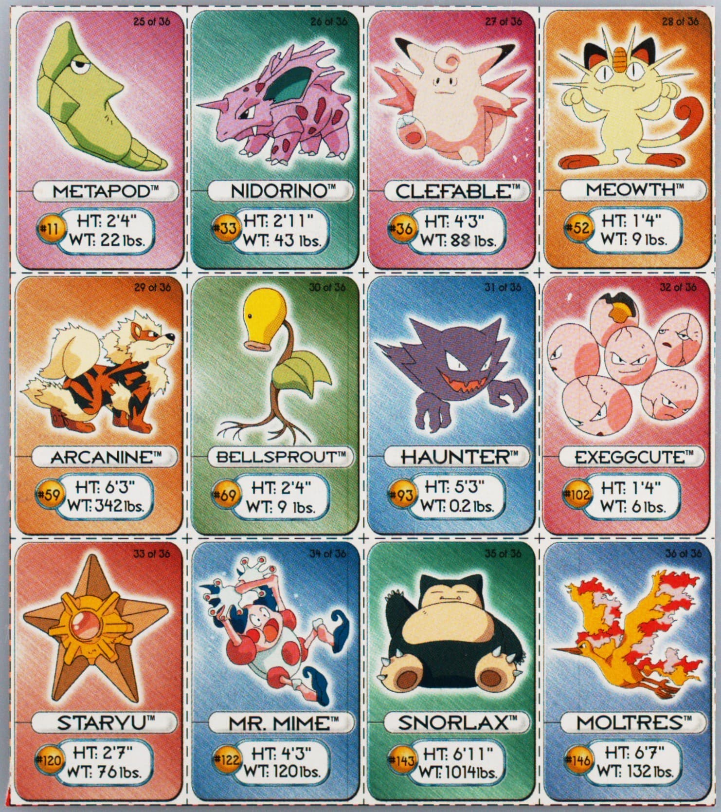 Arcanine/Bellsprout/Clefable/Exeggcute/Haunter/Meowth/Metapod/Moltres/Mr. Mime/Nidorino/Snorlax/Staryu Hand Cut-Panel 1999 Pokemon Lunchables
