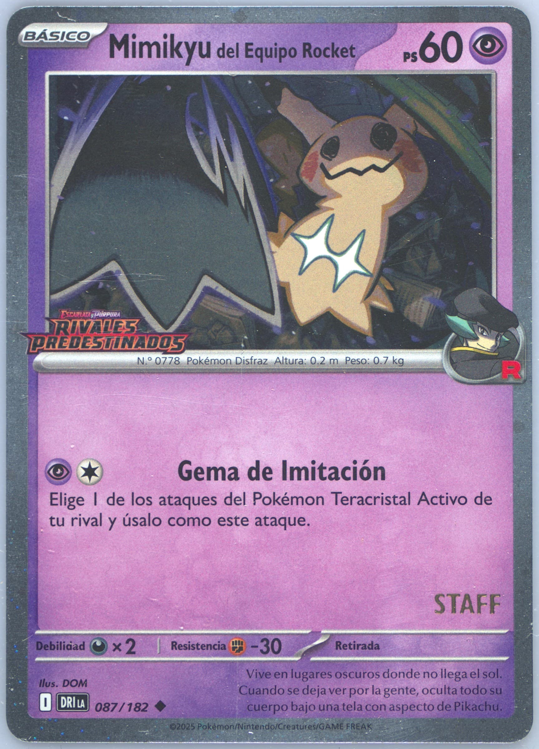 Team Rocket's Mimikyu Prerelease-Staff (087) 2025 Pokemon Latin American Dri La-Destined Rivals