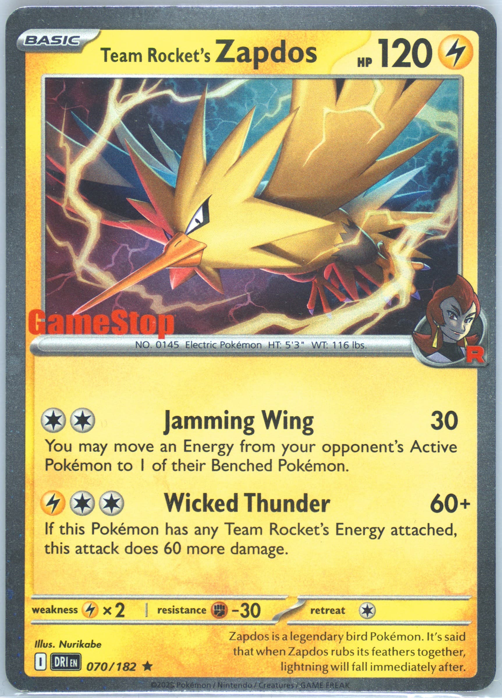 Team Rocket's Zapdos Gamestop Exclusive (070) 2025 Pokemon Dri EN-Destined Rivals
