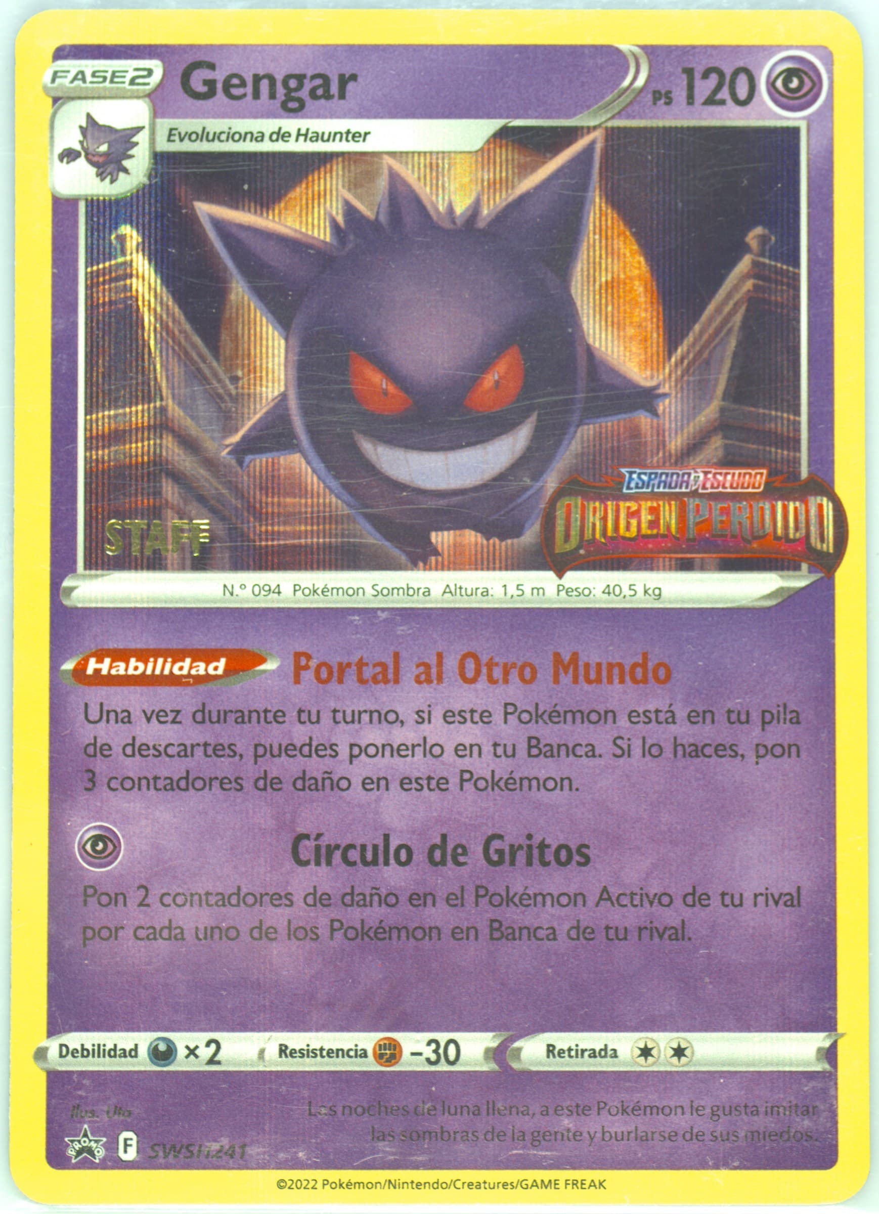 Gengar-Holo Prerelease-Staff-Spanish (241) 2023 Pokemon Swsh Black Star Promo