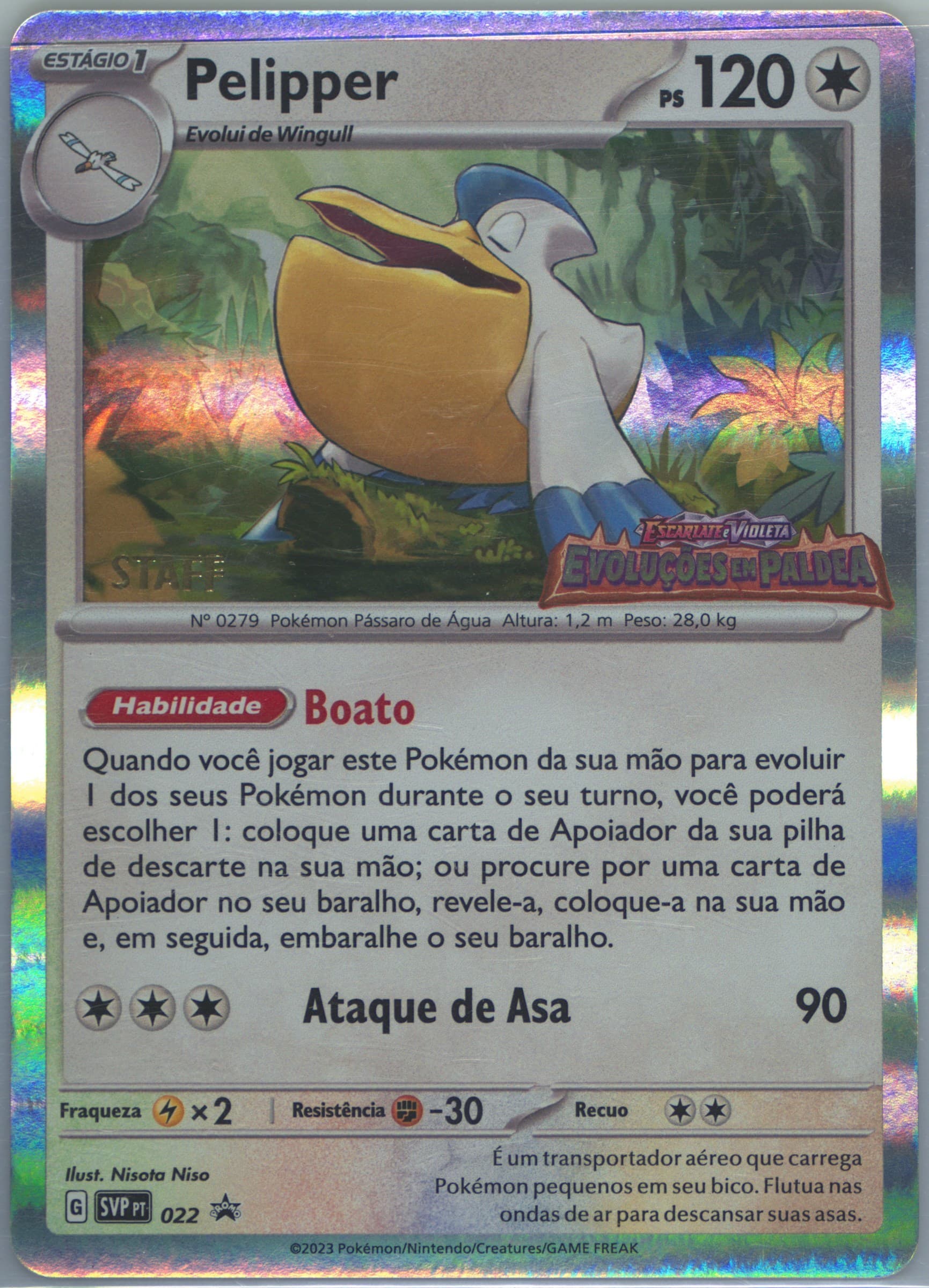 Pelipper Paldea Evolved Prerelease-Staff (022) 2023 Pokemon Portuguese Svp PT-SV Black Star Promo
