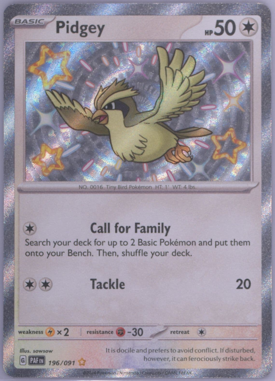 Pidgey Shiny Rare (196) 2024 Pokemon Paf EN-Paldean Fates