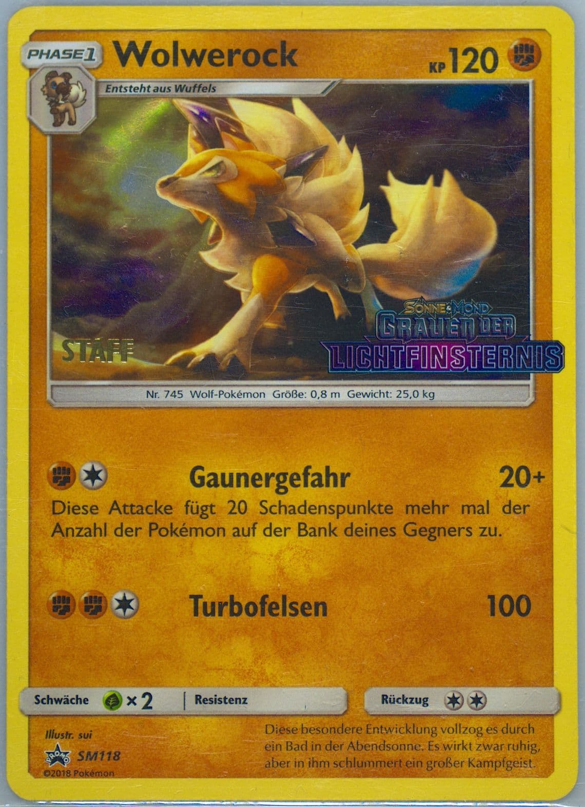 Wolwerock-Holo Forbidden Light-Prerelease-Staff-German (SM118) 2018 Pokemon SM Black Star Promo