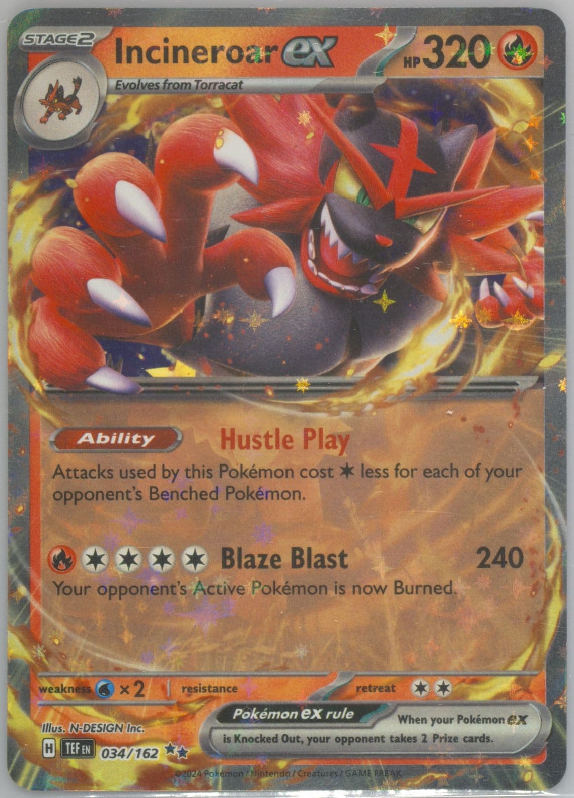 Incineroar EX (034) 2024 Pokemon Tef EN-Temporal Forces
