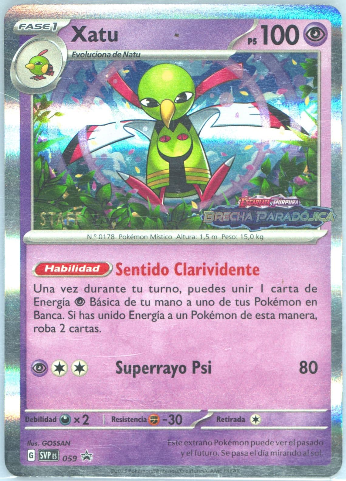 Xatu Paradox Rift Prerelease-Staff (059) 2023 Pokemon Spanish Svp ES-SV Black Star Promo