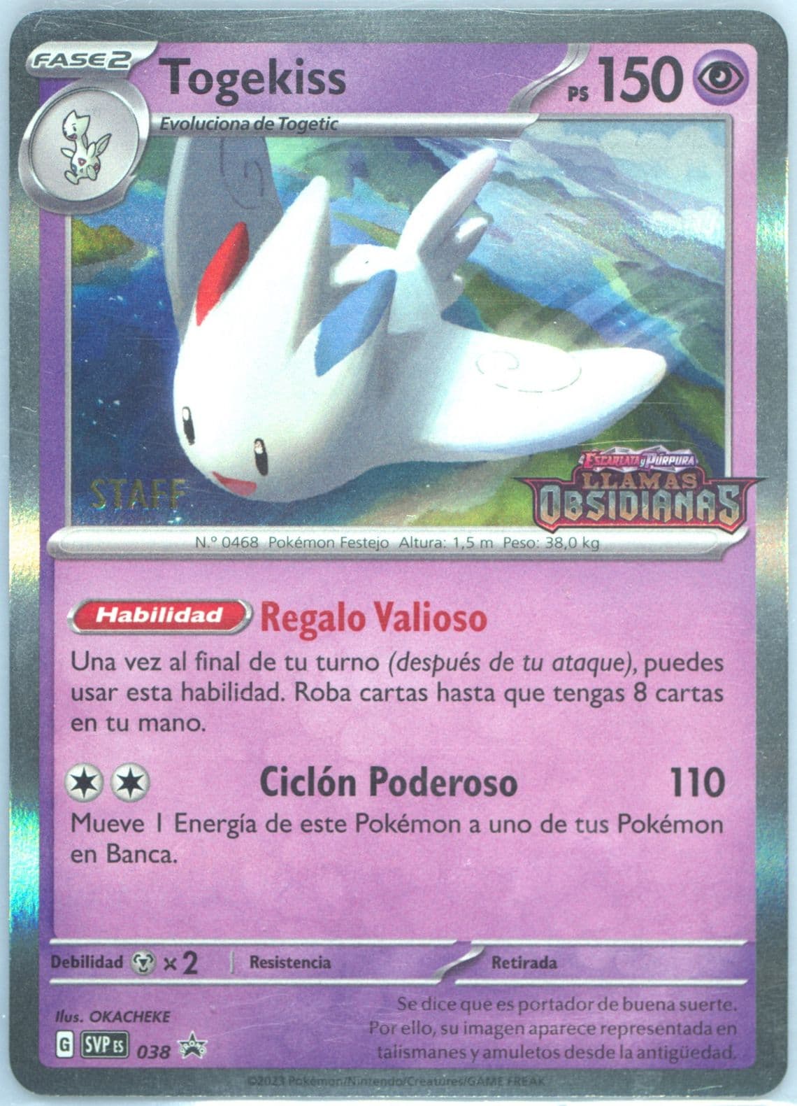 Togekiss Obsidian Flames Prerelease-Staff (038) 2023 Pokemon Spanish Svp ES-SV Black Star Promo