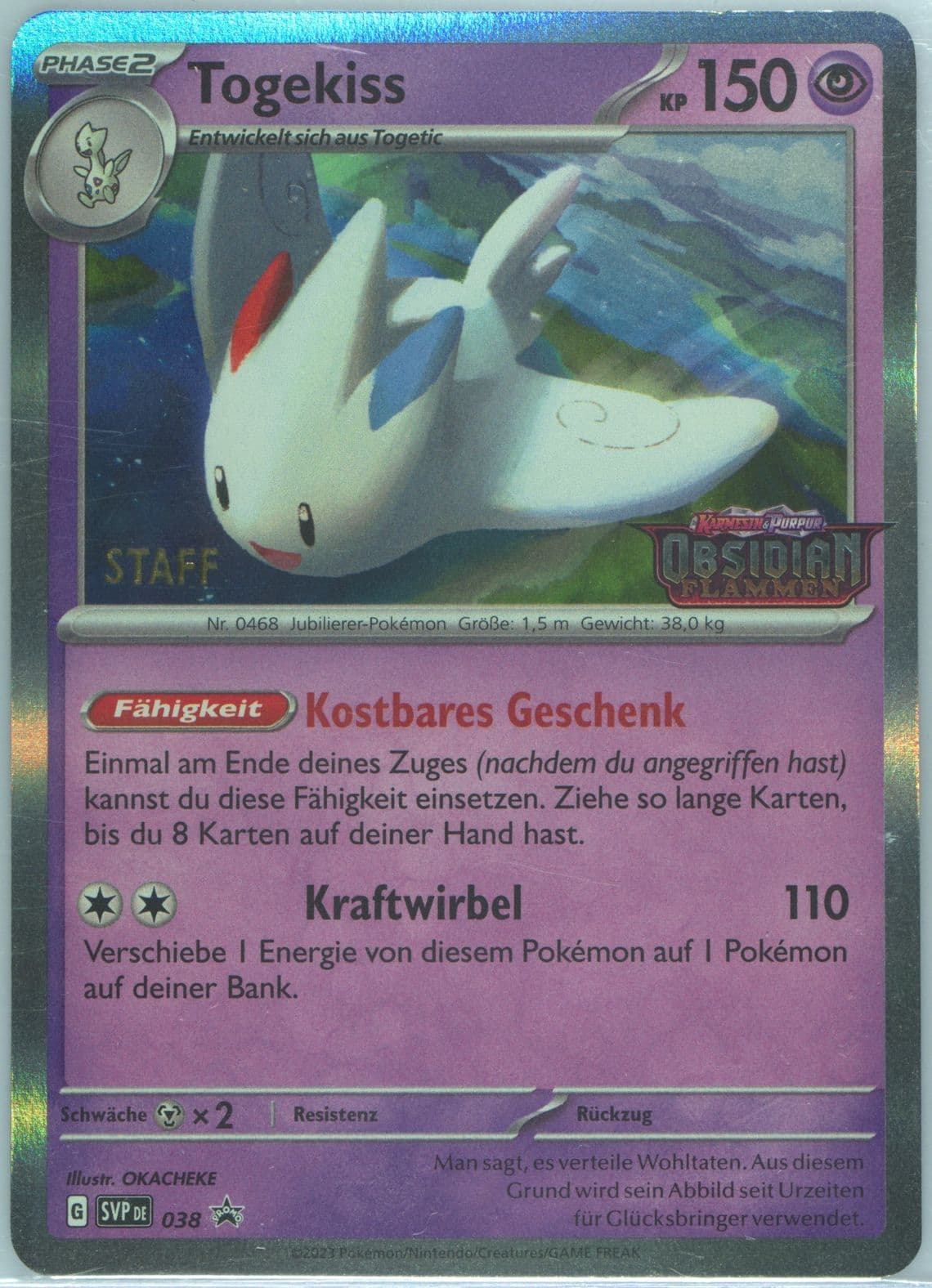 Togekiss Obsidian Flames Prerelease-Staff (038) 2023 Pokemon German Svp de-SV Black Star Promo