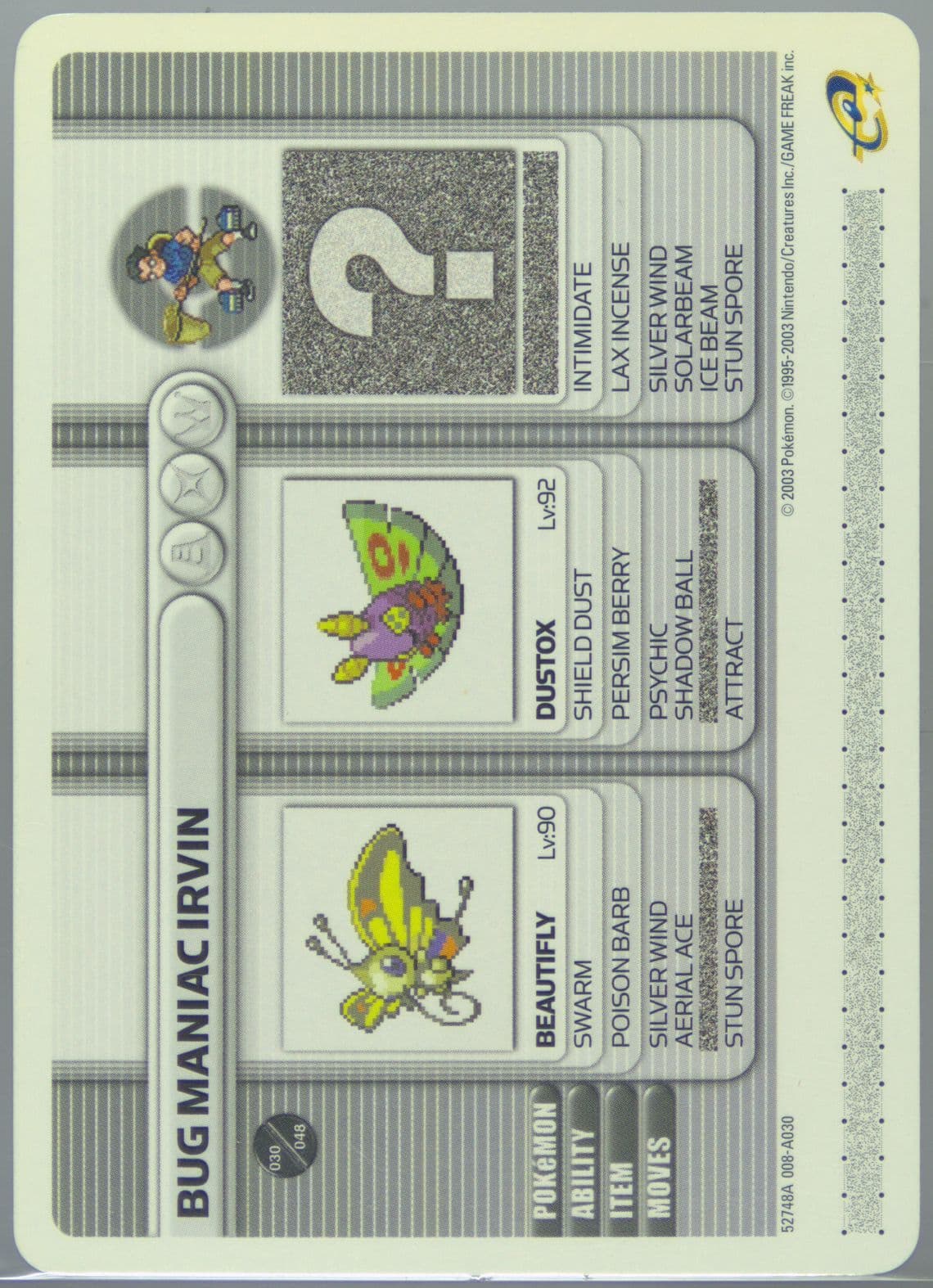 Bug Maniac Irvin Iron Defense (A030) 2003 Pokemon Battle-E Series 1