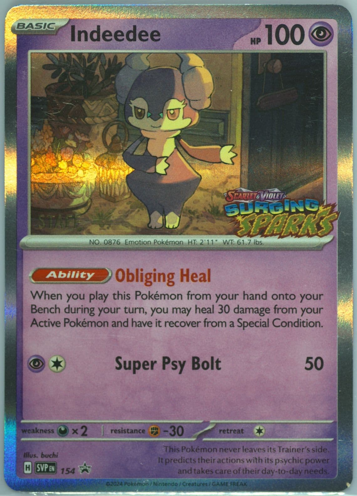 Indeedee Surging Sparks Prerelease-Staff (154) 2024 Pokemon Svp EN-SV Black Star Promo