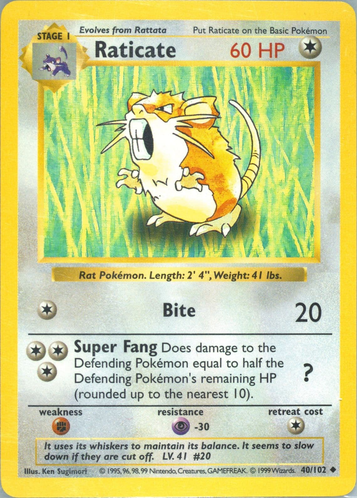 Raticate Shadowless (40) 1999 Pokemon Game