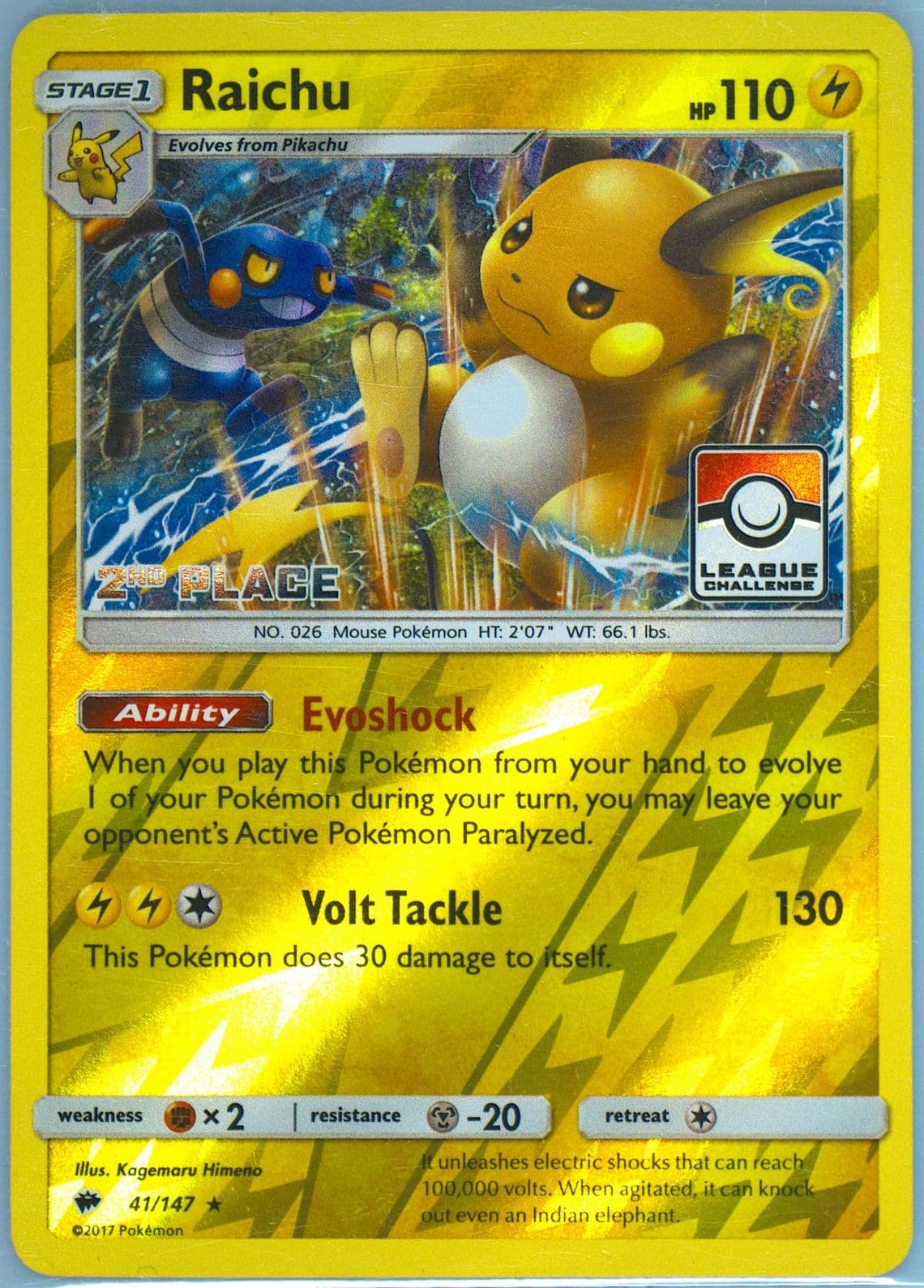 Raichu-Reverse Foil 2nd Place Pokemon League (41) 2017 Pokemon Sun & Moon Burning Shadows