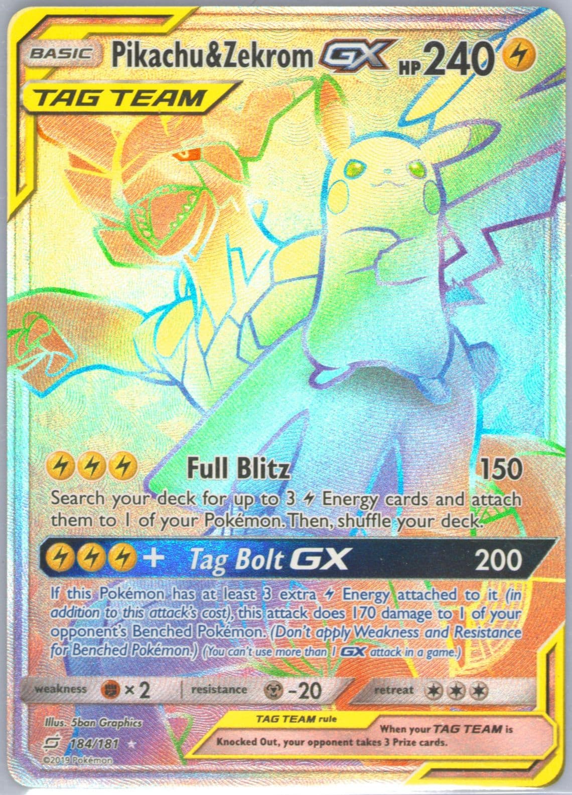 Full Art/Pikachu & Zekrom GX Secret (184) 2019 Pokemon Sun & Moon Team Up
