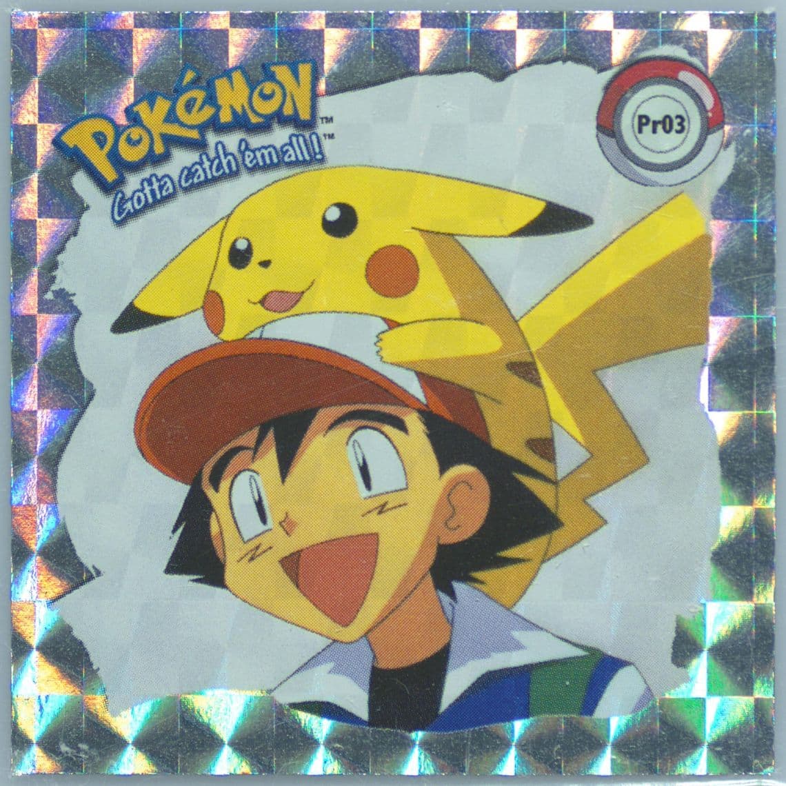 Pikachu & Ash (PR03) 1999 Pokemon Stickers Series 1 Bonus Prism Stickers