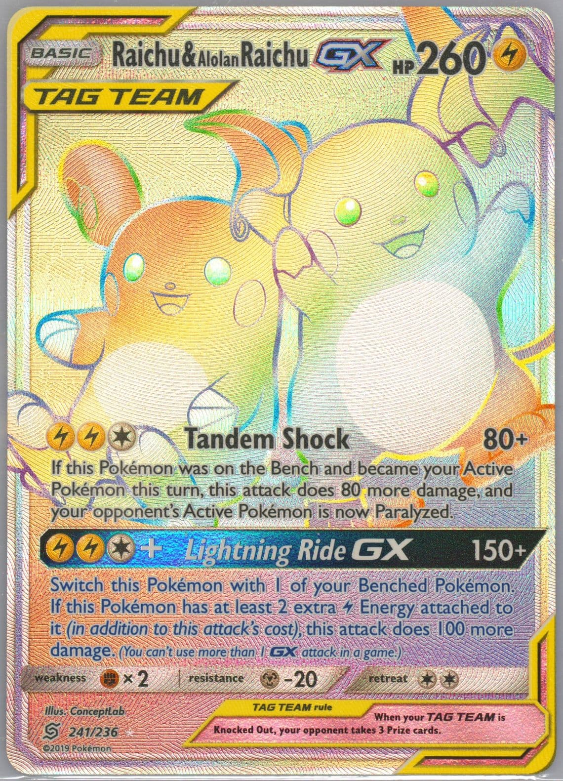 Full Art/Raichu & Alolan Raichu GX Secret (241) 2019 Pokemon Sun & Moon Unified Minds