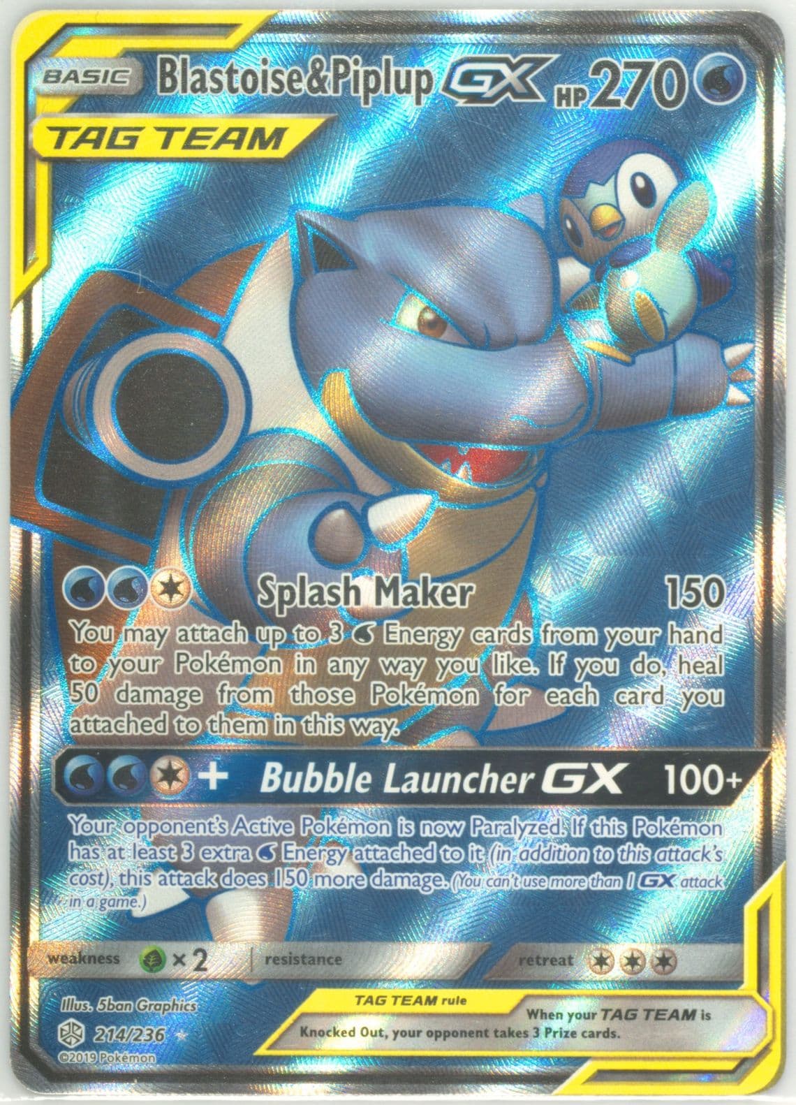 Full Art/Blastoise & Piplup GX (214) 2019 Pokemon Sun & Moon Cosmic Eclipse