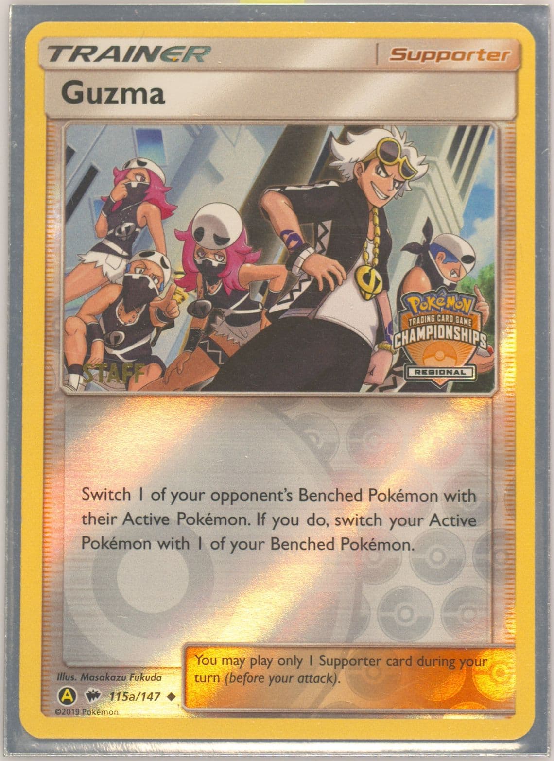 Guzma-Reverse Foil 2019 Yellow Alternative Art Regional Championship Staff (115A) 2017 Pokemon Sun & Moon Burning Shadows