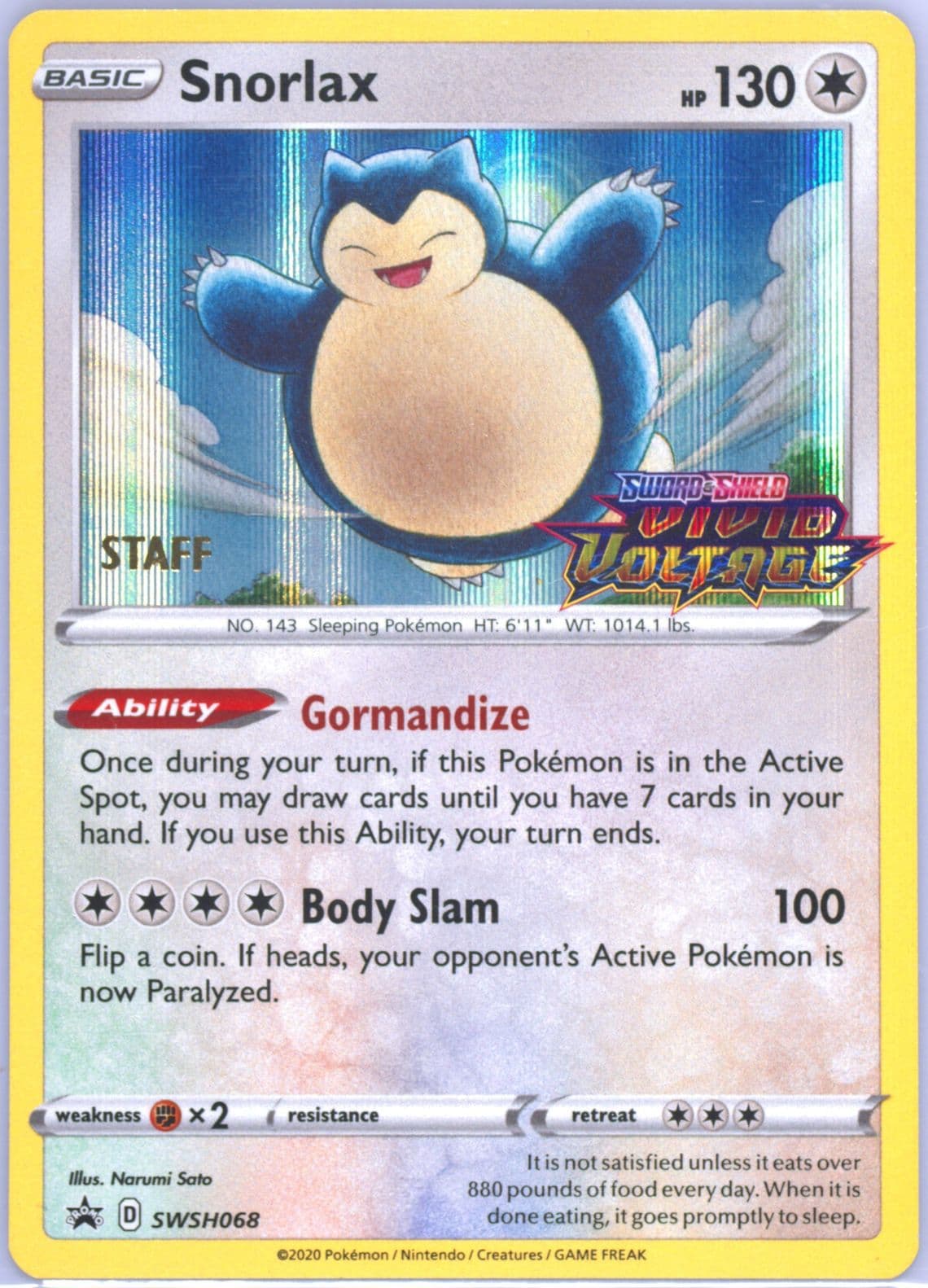 Snorlax-Holo Prerelease-Staff (068) 2020 Pokemon Swsh Black Star Promo