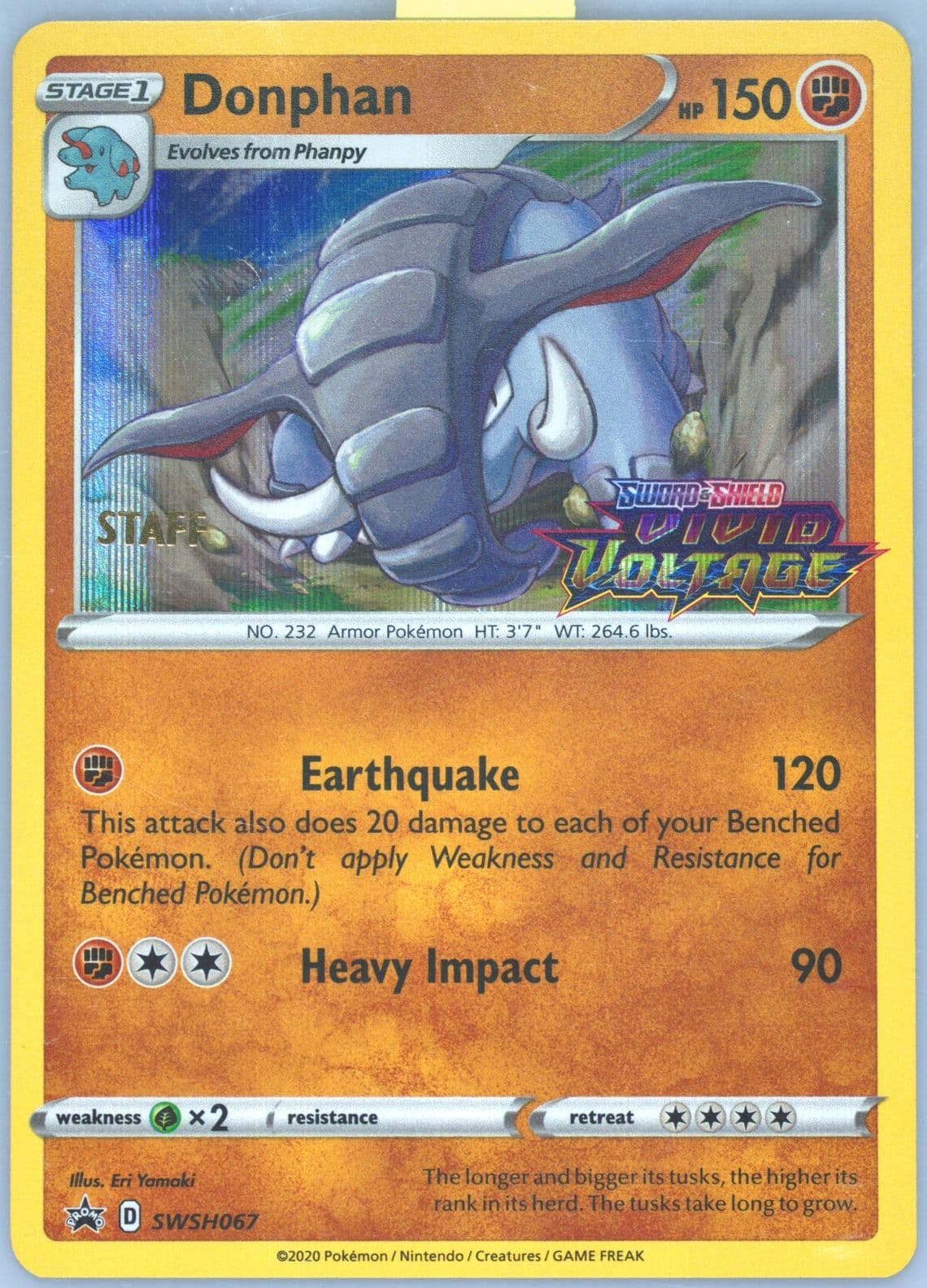 Donphan-Holo Prerelease-Staff (067) 2020 Pokemon Swsh Black Star Promo