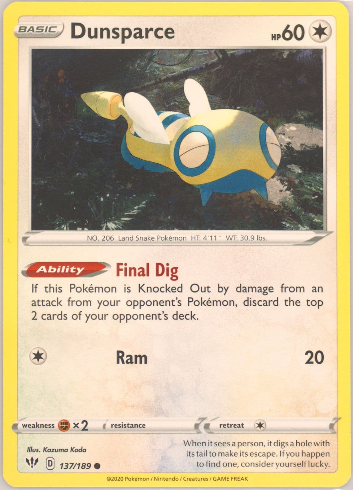 Dunsparce (137) 2020 Pokemon Sword & Shield Darkness Ablaze