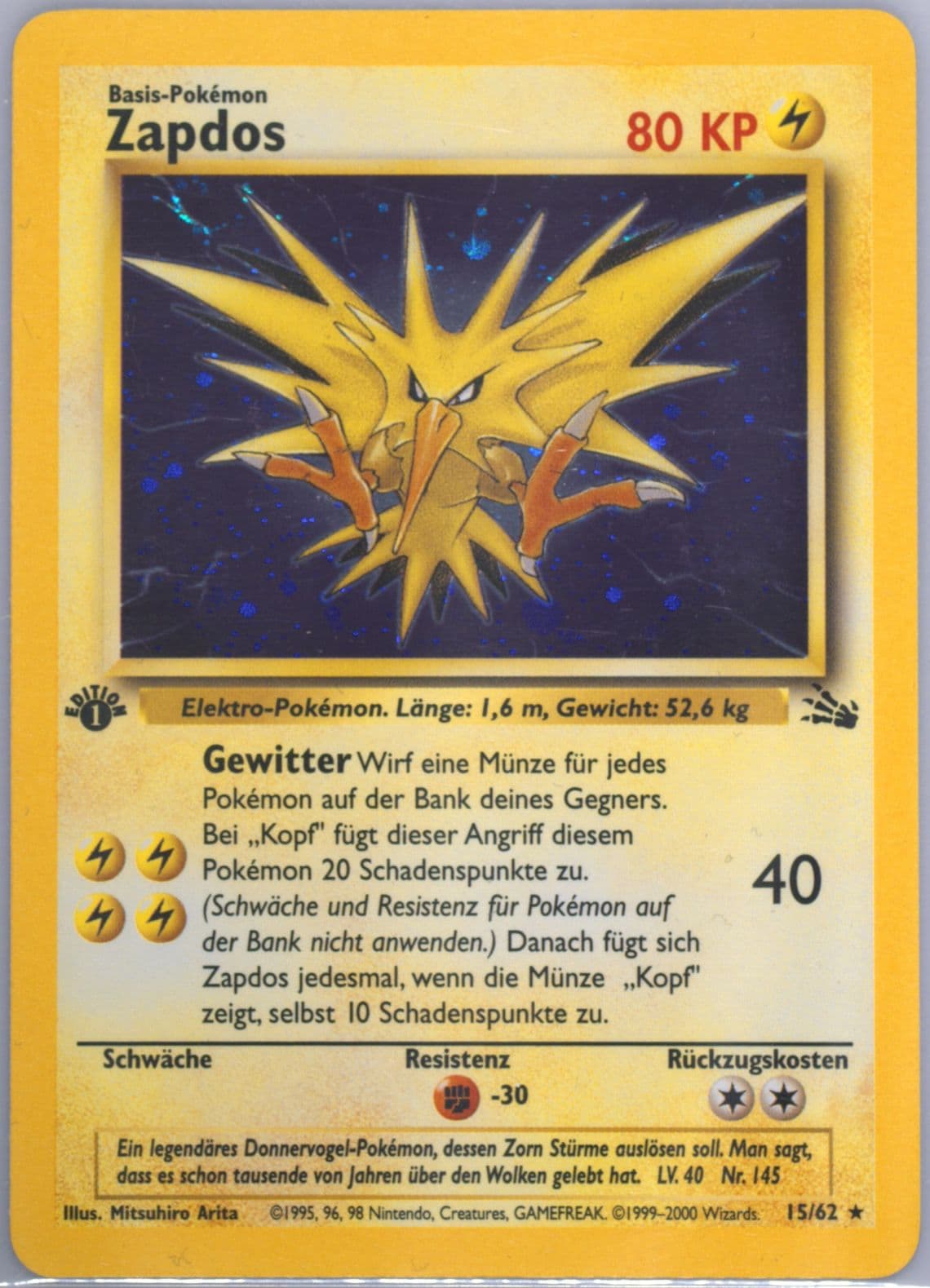 Zapdos-Holo 1st Edition (15) 2000 Pokemon German Fossil