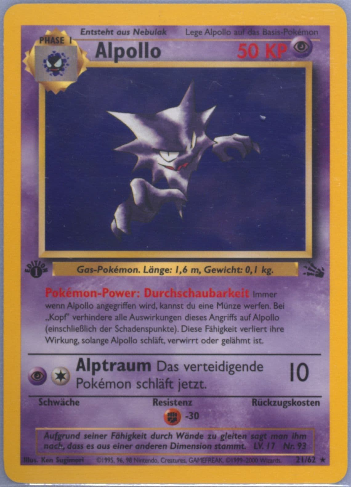 Alpollo 1st Edition (21) 2000 Pokemon German Fossil