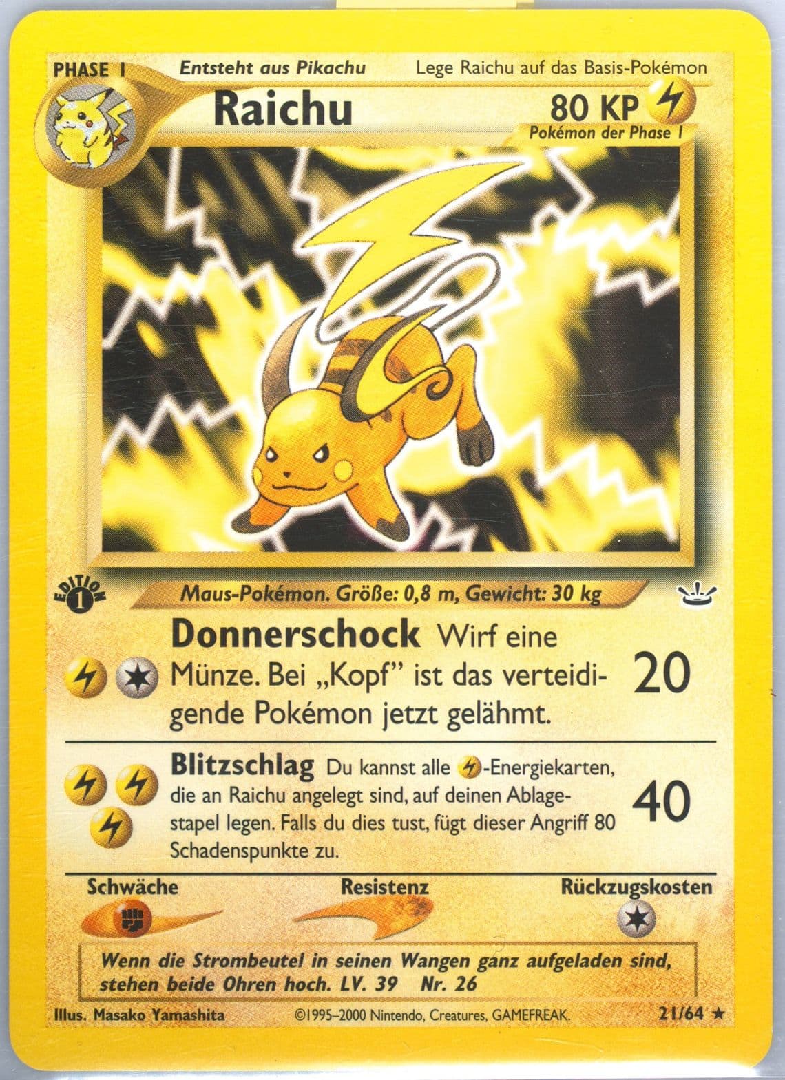 Raichu 1st Edition (21) 2002 Pokemon German Neo Revelation