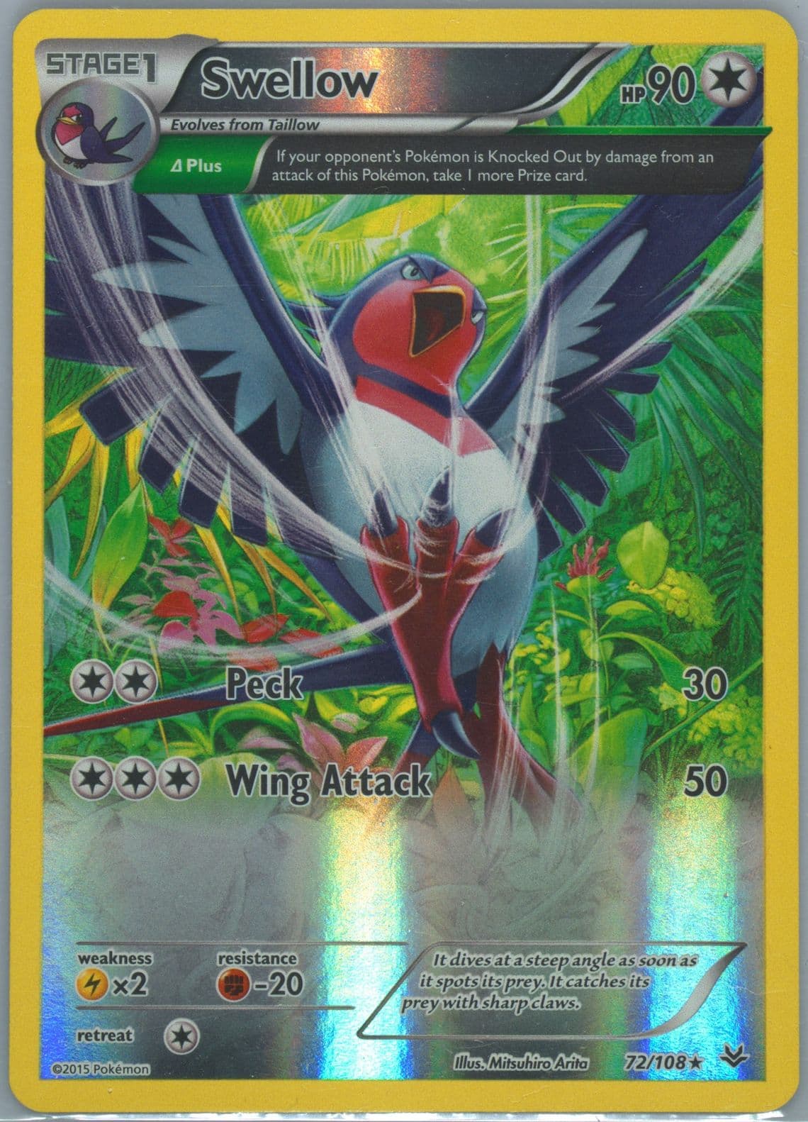 Swellow-Reverse Foil (72) 2015 Pokemon XY Roaring Skies