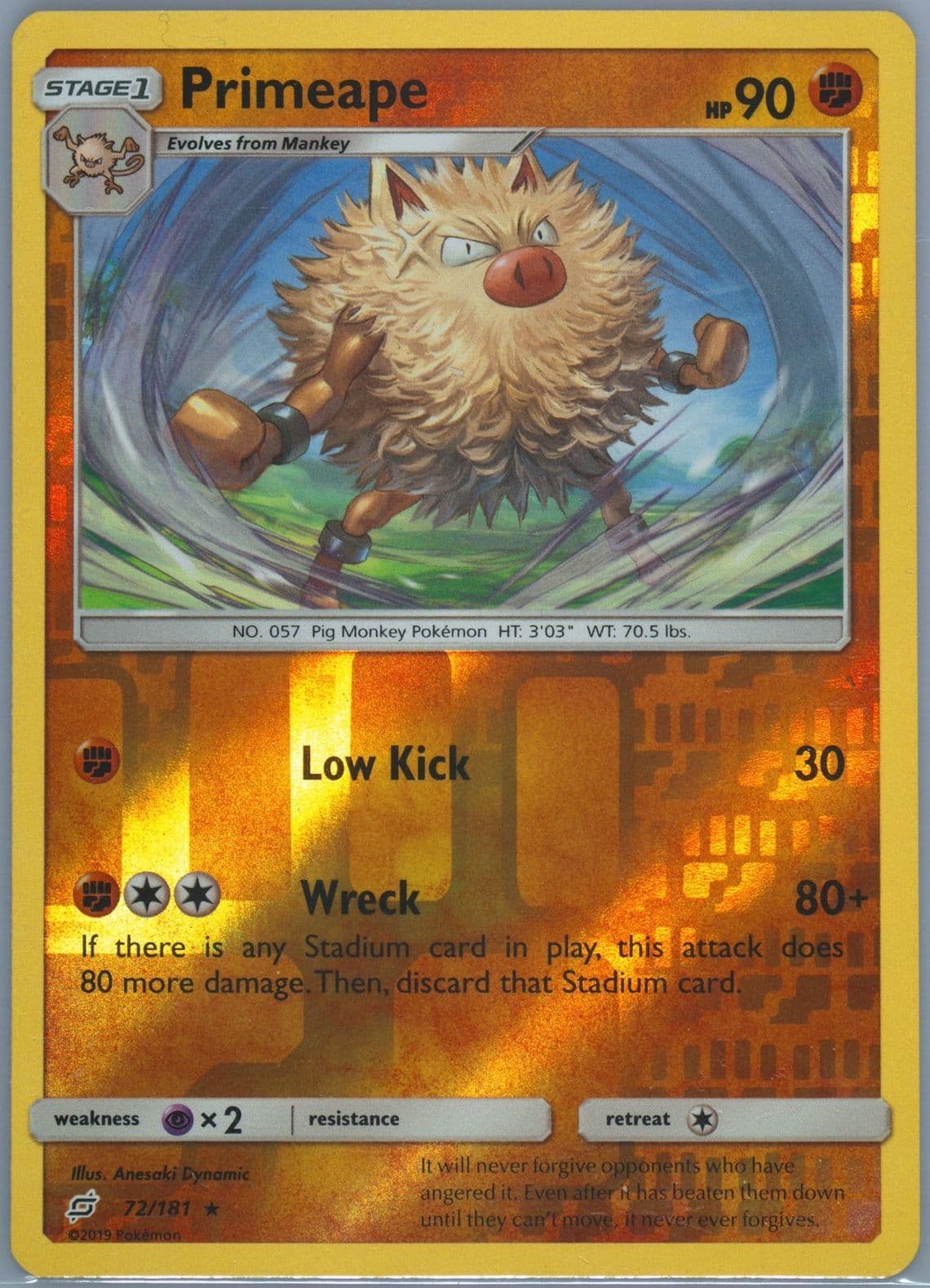 Primeape-Reverse Foil (72) 2019 Pokemon Sun & Moon Team Up