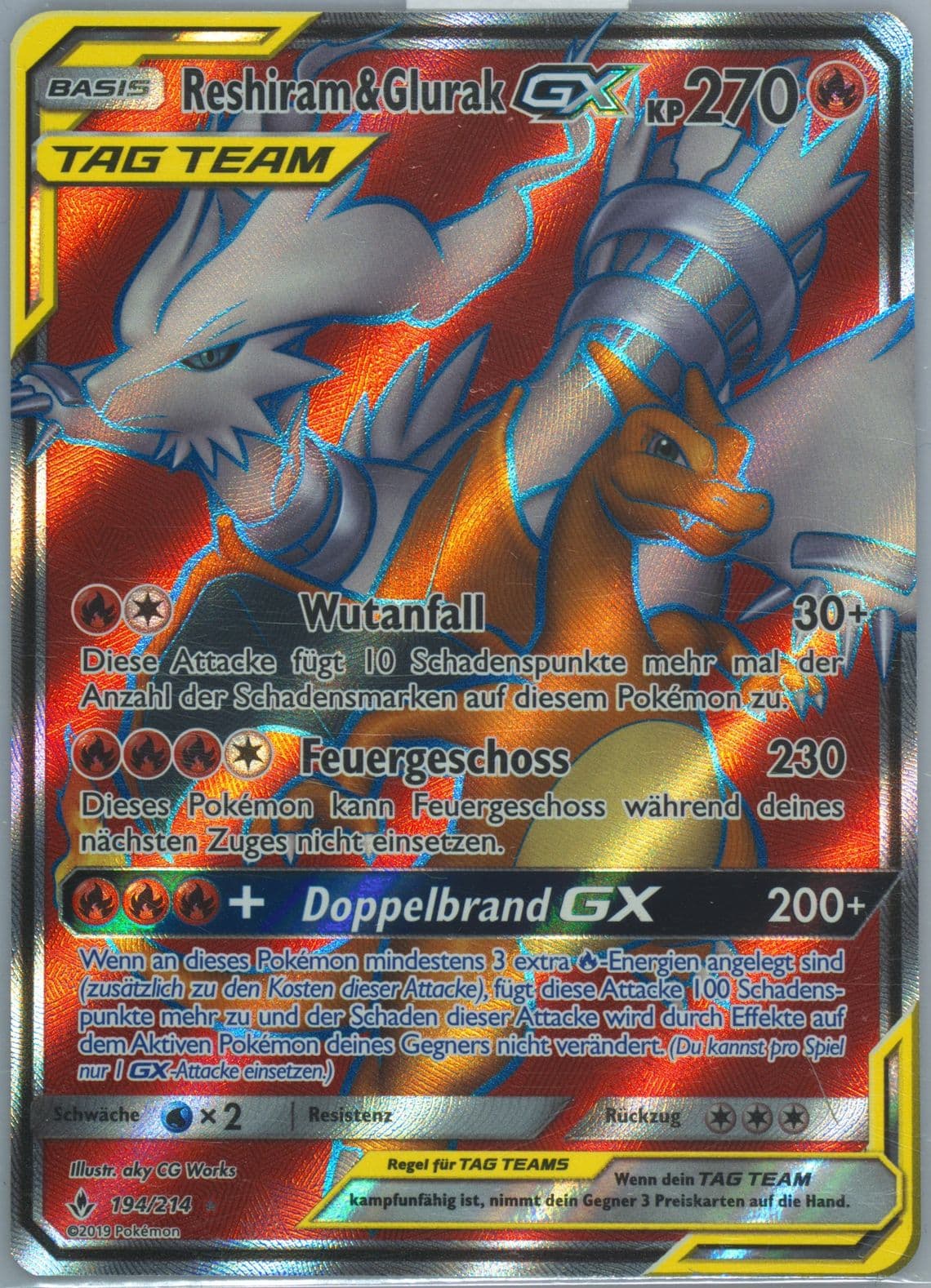 Full Art/Reshiram & Glurak GX German (194) 2019 Pokemon Sun & Moon Unbroken Bonds