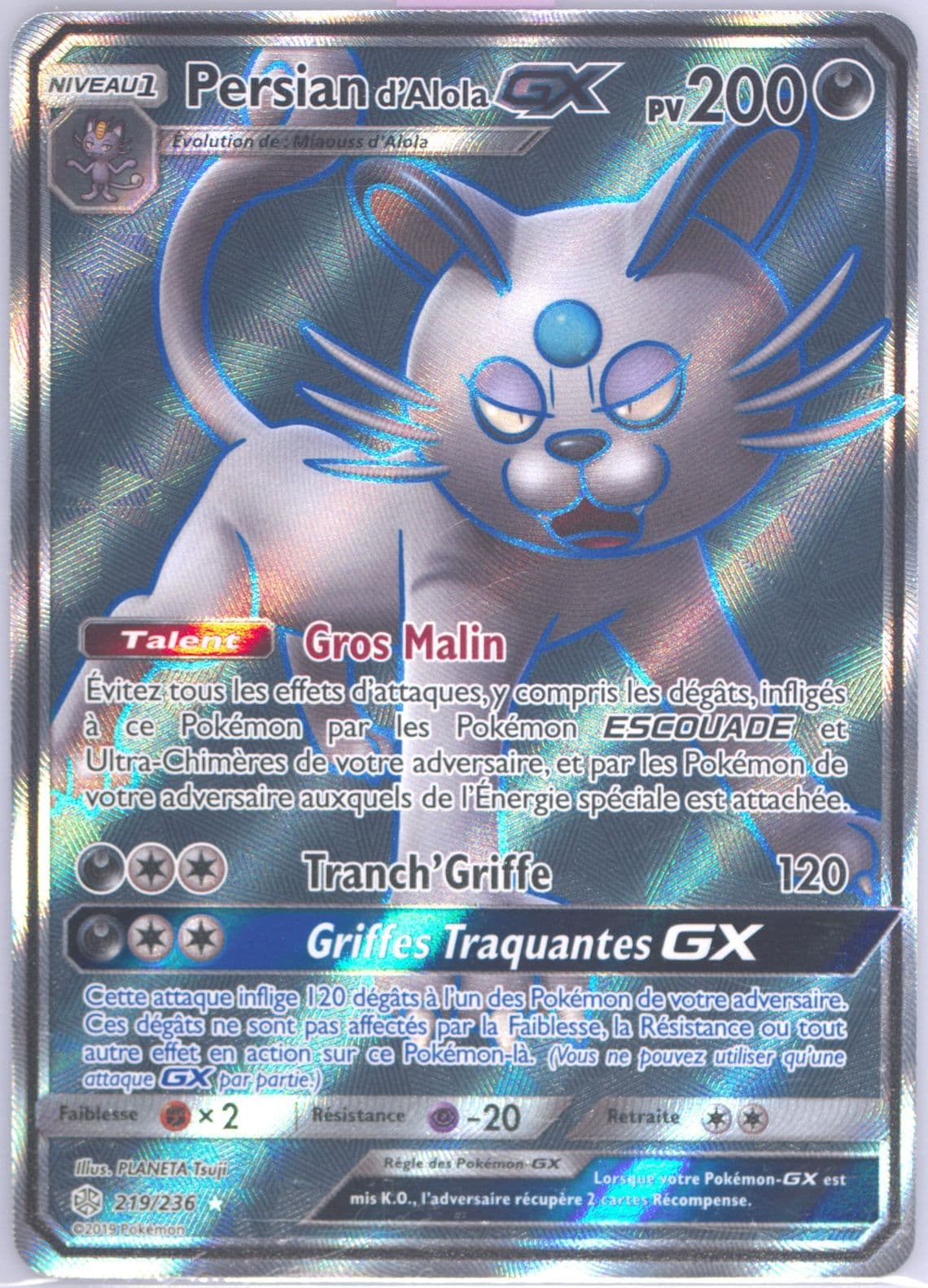 Full Art/Persian D'Alola GX French (219) 2019 Pokemon Sun & Moon Cosmic Eclipse