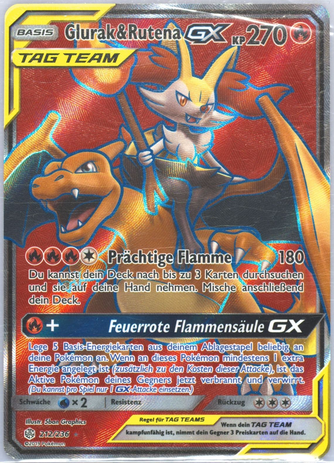 Full Art/Glurak & Rutena GX German (212) 2019 Pokemon Sun & Moon Cosmic Eclipse