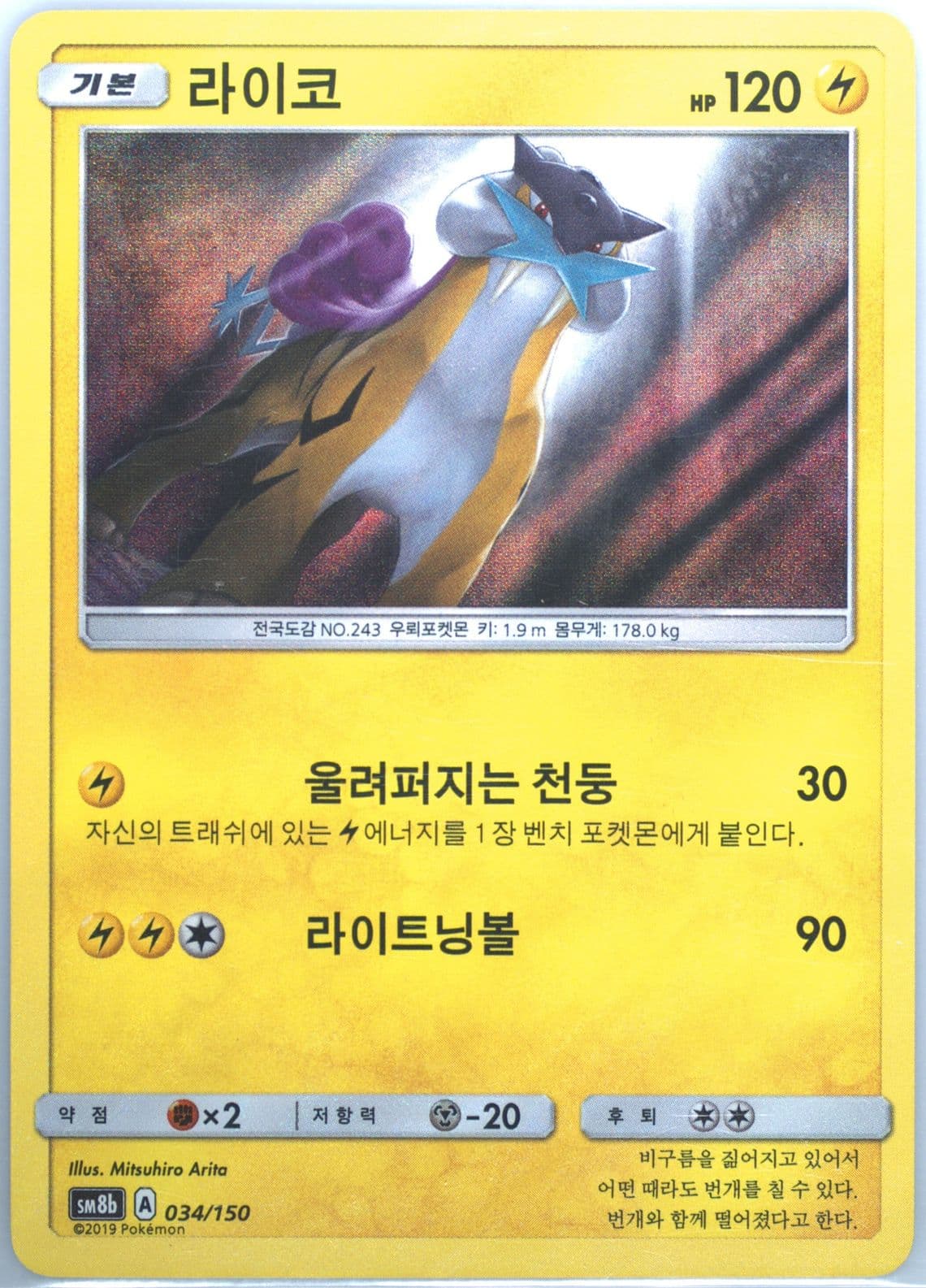 Raikou-Holo (033) 2019 Pokemon Korean Sun & Moon Ultra Shiny GX