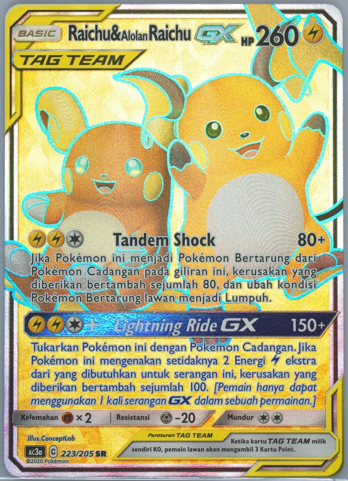 Full Art/Raichu & Alolan Raichu GX Set A (223) 2020 Pokemon Indonesian Sun & Moon Tag Team Collection
