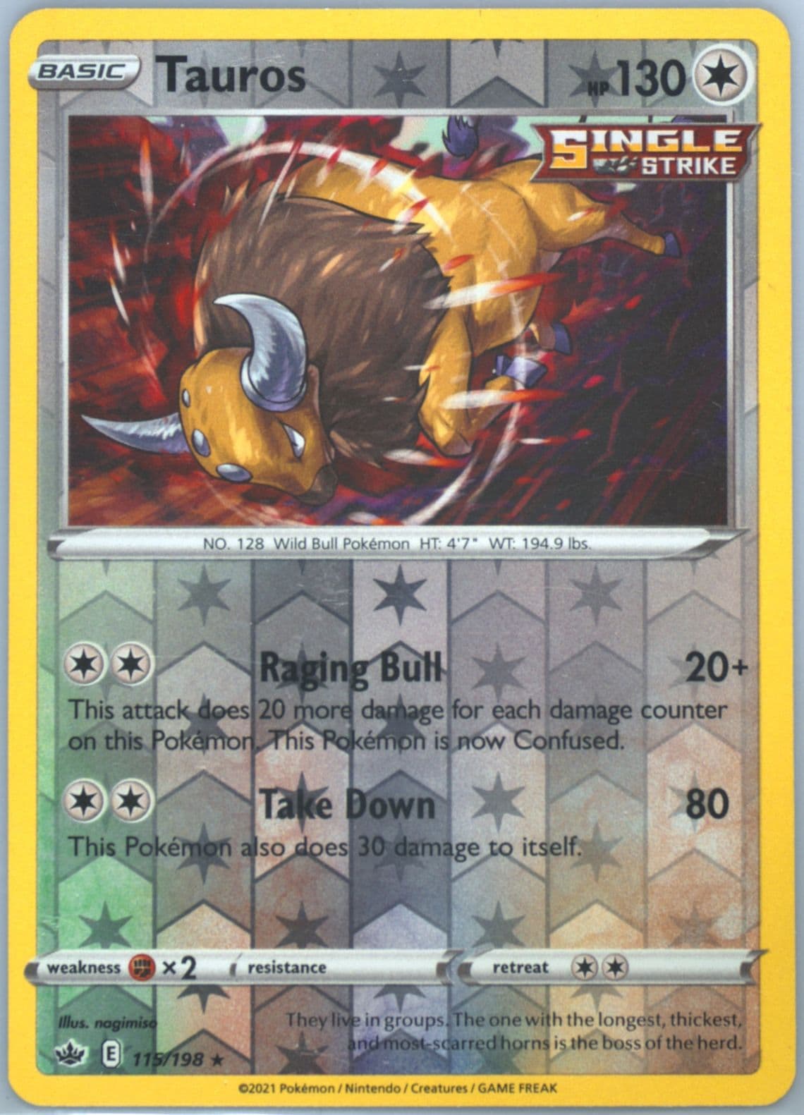Tauros-Reverse Foil (115) 2021 Pokemon Sword & Shield Chilling Reign