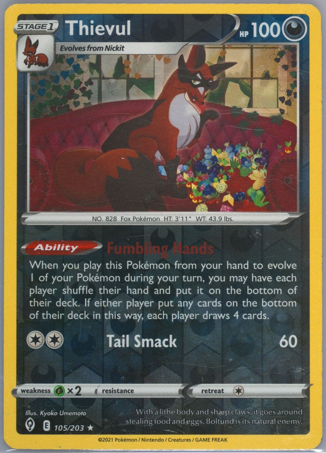 Thievul-Reverse Foil (105) 2021 Pokemon Sword & Shield Evolving Skies