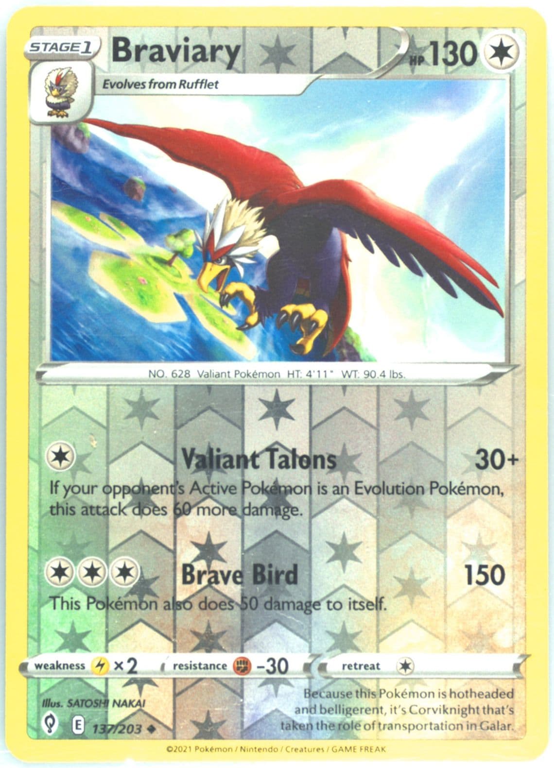 Braviary-Reverse Foil (137) 2021 Pokemon Sword & Shield Evolving Skies