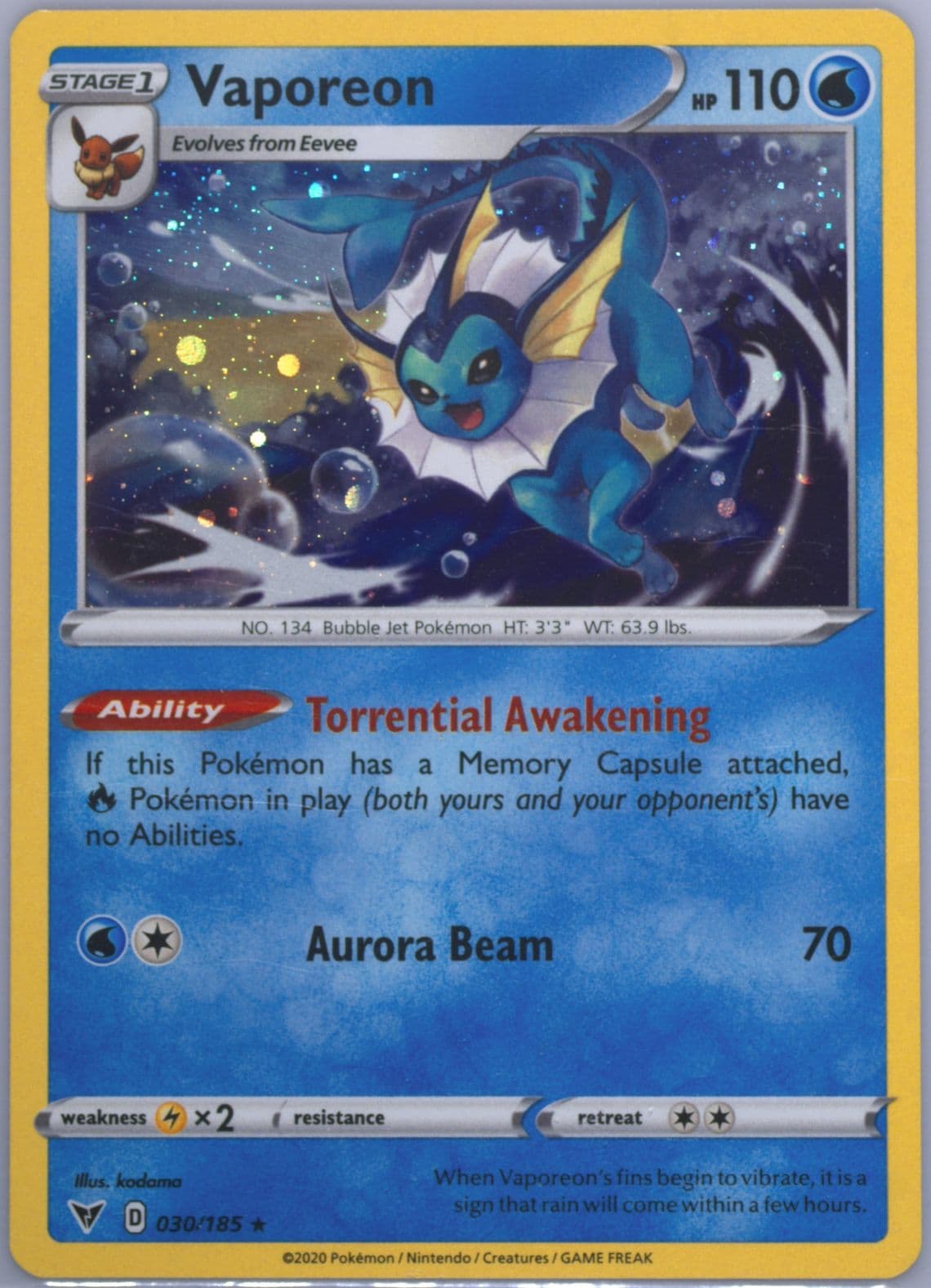 Vaporeon-Holo 2021 Collector Chest (030) 2020 Pokemon Sword & Shield Vivid Voltage