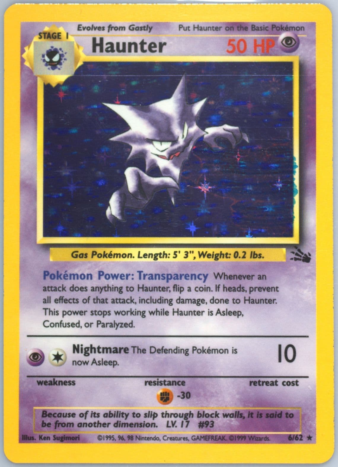 Haunter-Holo Stain Error (6) 1999 Pokemon Fossil