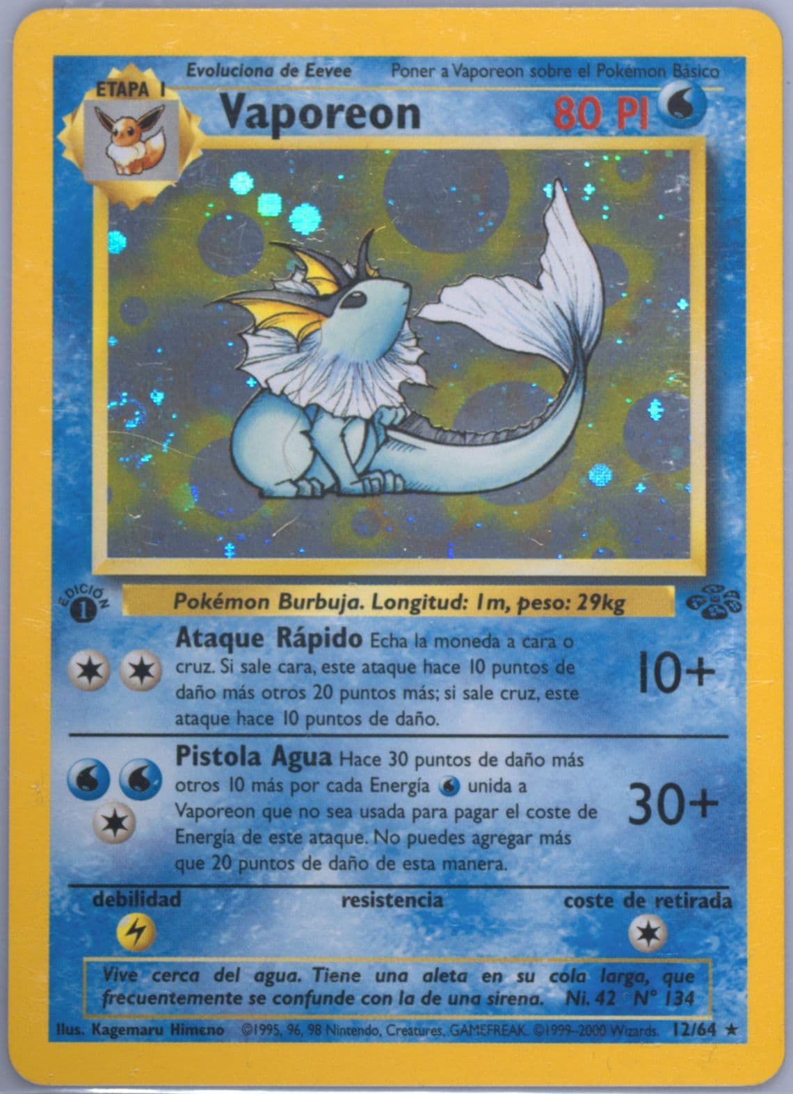 Vaporeon-Holo 1st Edition (12) 2000 Pokemon Spanish Jungle