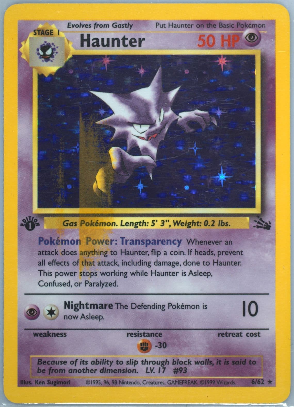 Haunter-Holo 1st Edition-Stain Error (6) 1999 Pokemon Fossil