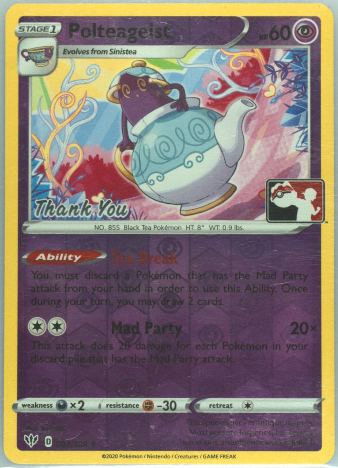 Polteageist-Reverse Foil Thank You Stamp (083) 2020 Pokemon Sword & Shield Darkness Ablaze