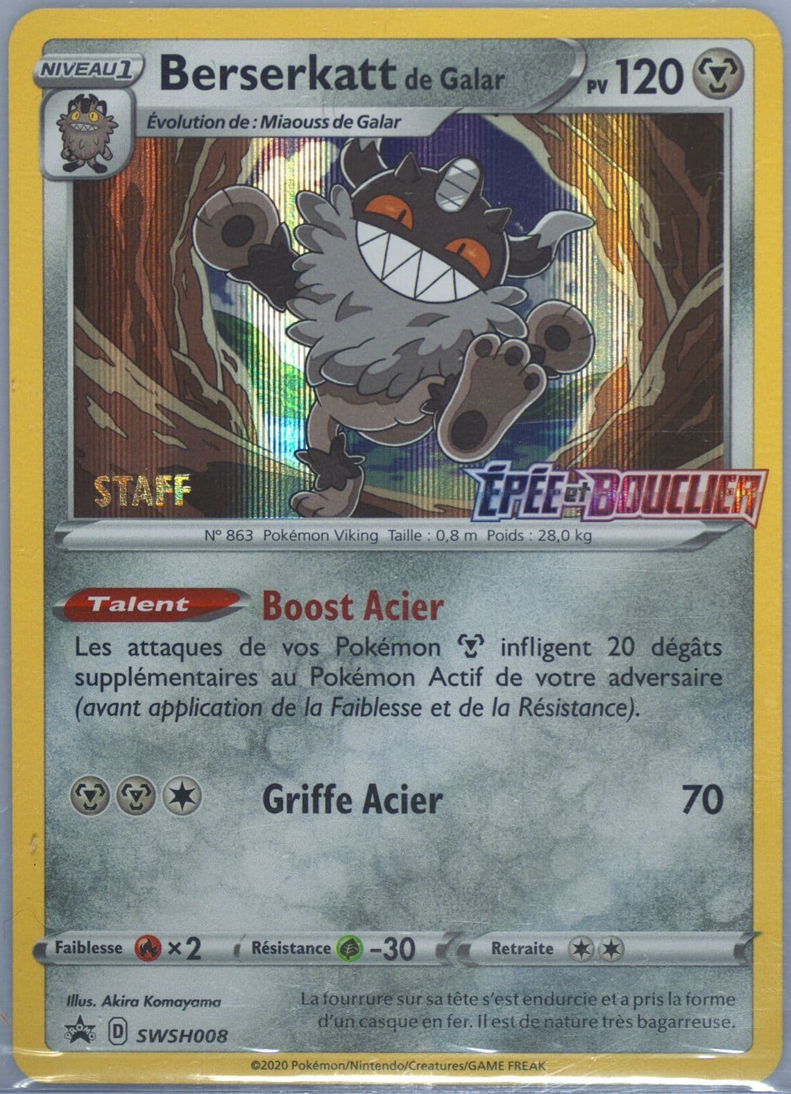 Berserkatt de Galar-Holo Prerelease-Staff-French (008) 2020 Pokemon Swsh Black Star Promo