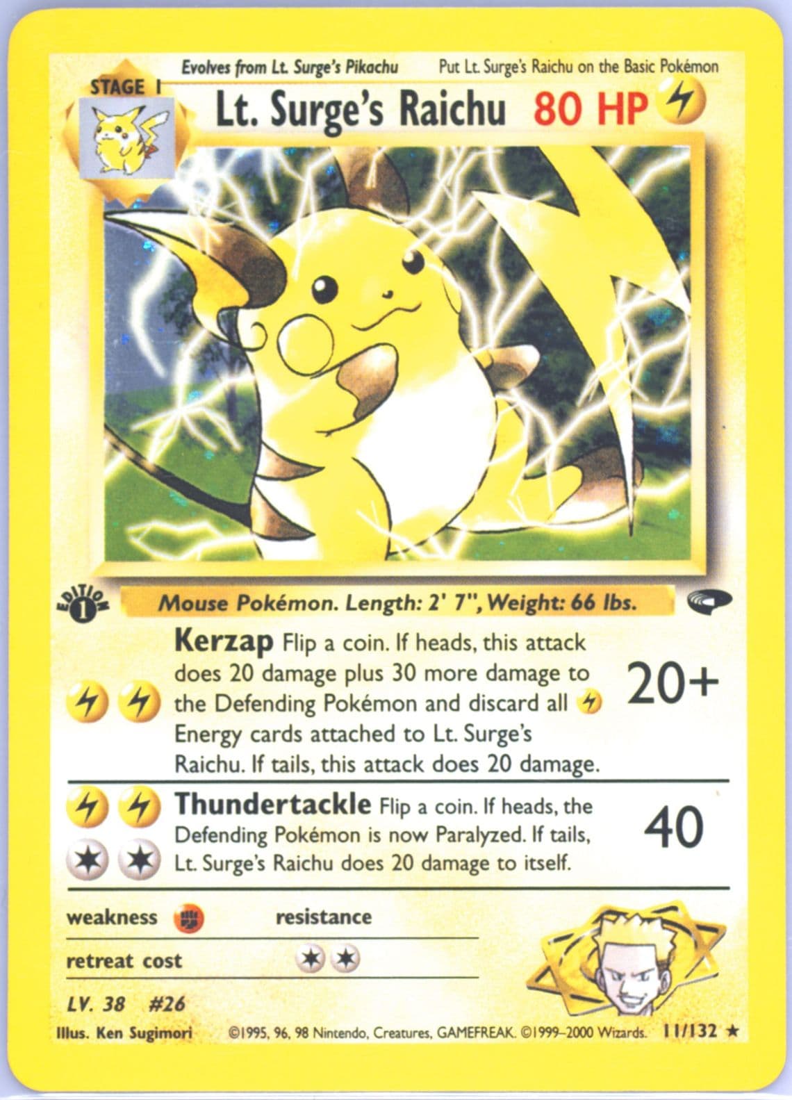 LT. Surge's Raichu Holo-1st Edition (11) 2000 Pokemon Gym Challenge