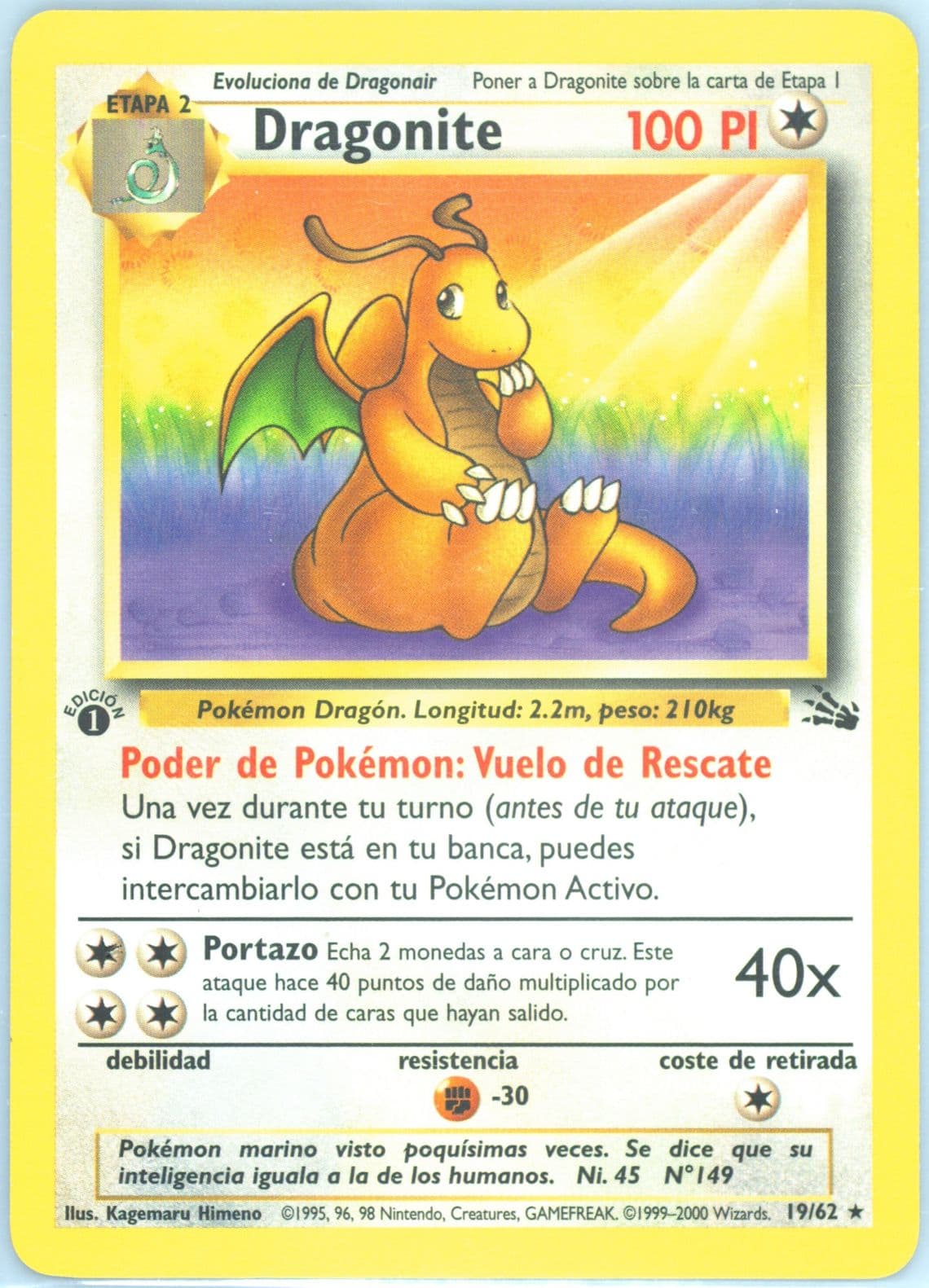 Dragonite 1st Edition (19) 2000 Pokemon Spanish Fossil
