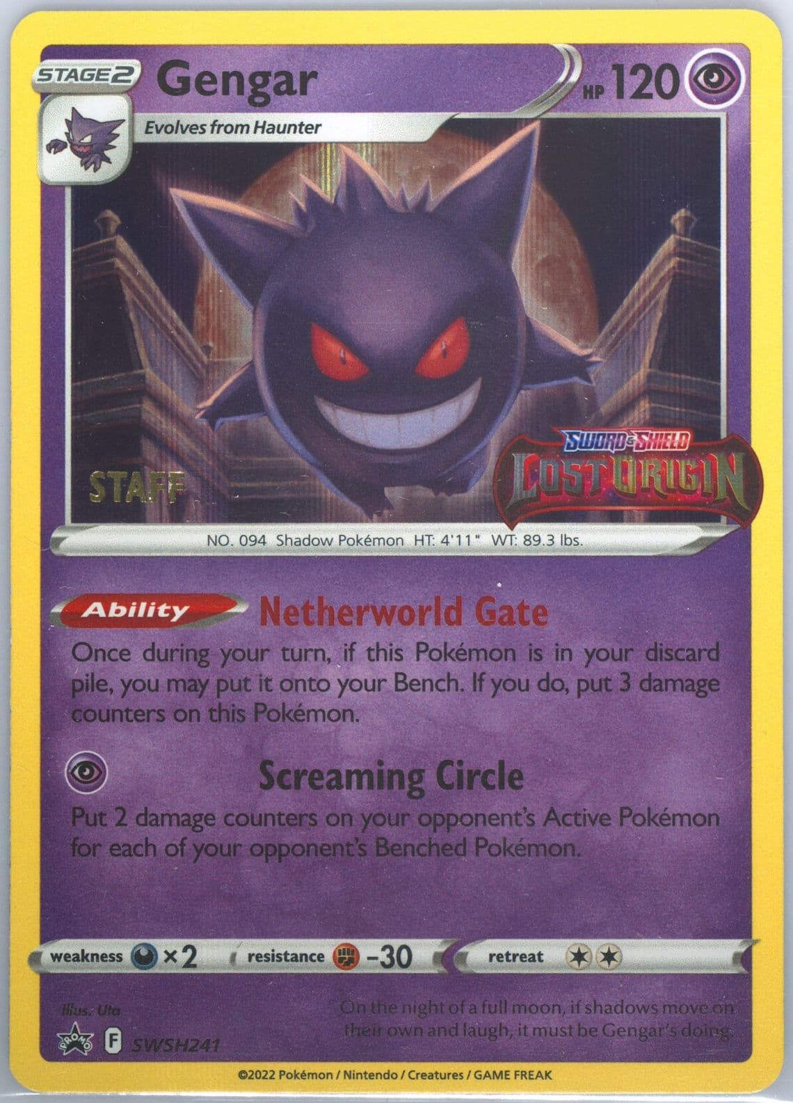 Gengar-Holo Prerelease-Staff (241) 2023 Pokemon Swsh Black Star Promo