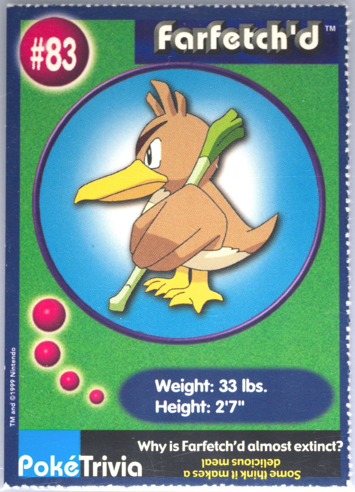 Farfetch'd Perforated (83) 1999 Pokemon Burger King