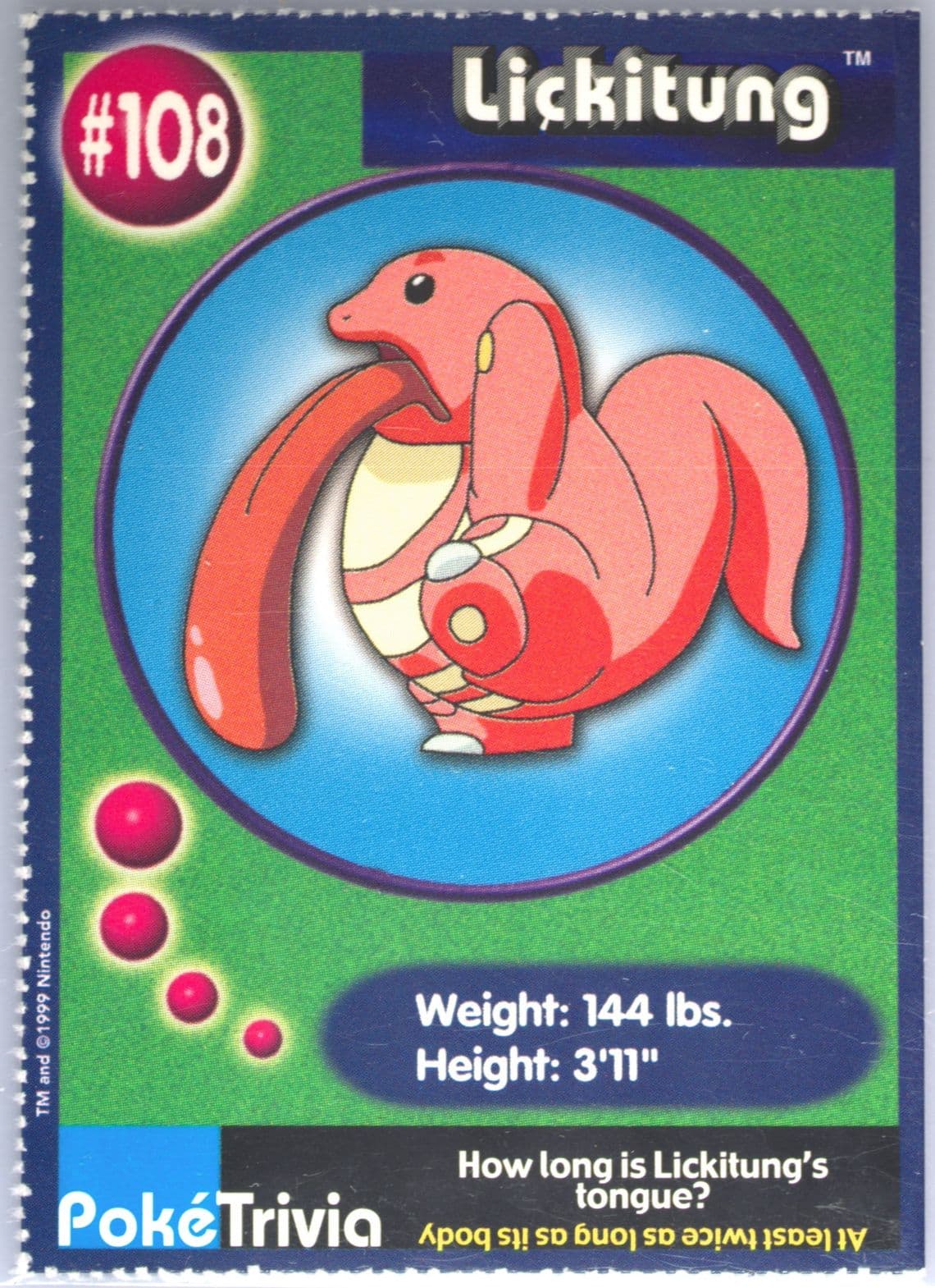 Lickitung Perforated (108) 1999 Pokemon Burger King