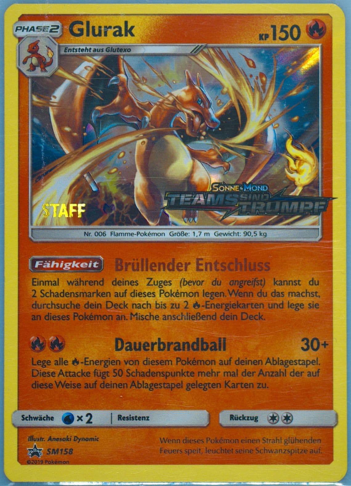 Glurak-Holo Team Up Prerelease-Staff-German (SM158) 2019 Pokemon SM Black Star Promo